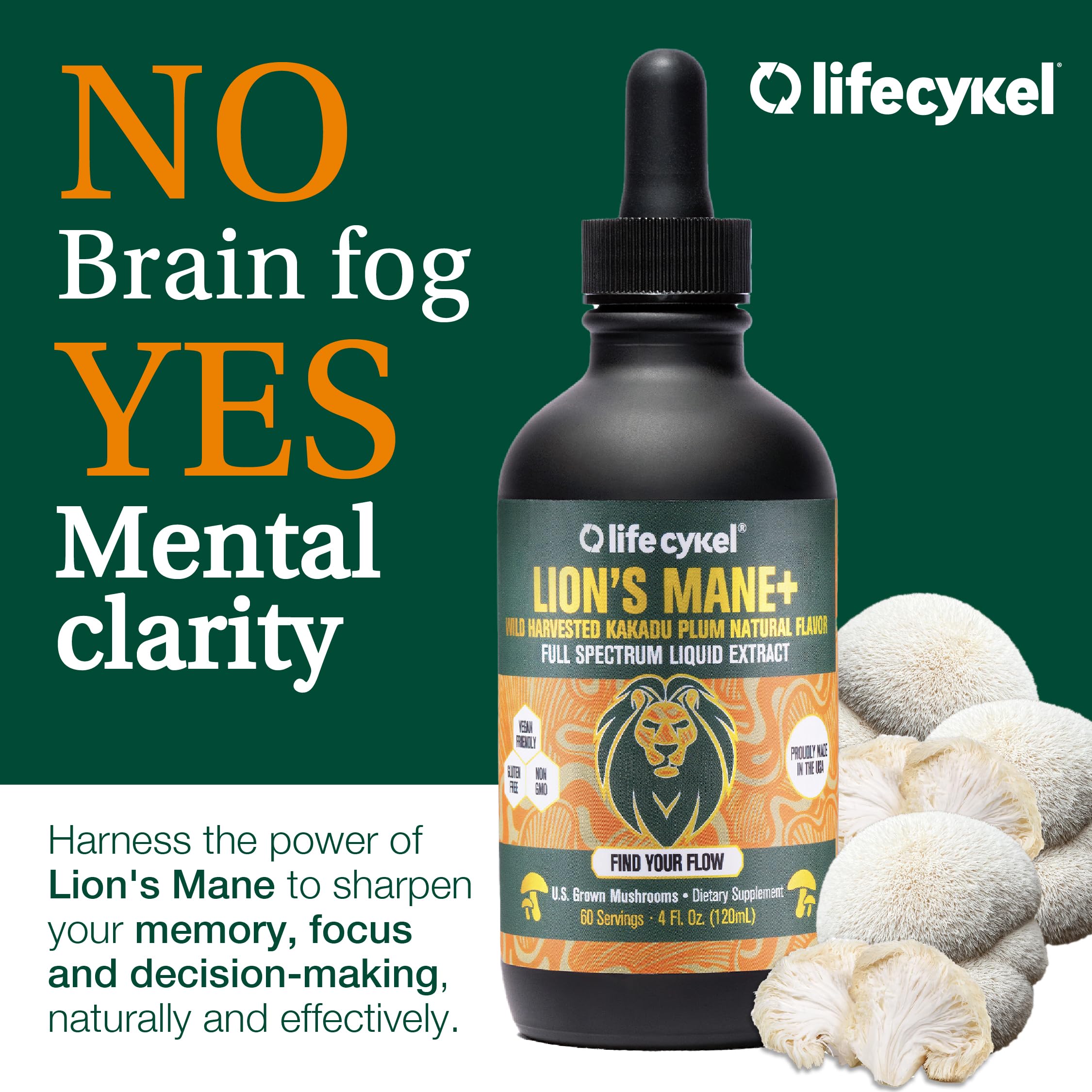 Life Cykel - Lion's Mane Mushroom Extract with Kakadu Plum - Brain Booster Nootropic for Memory, Focus & REM Sleep - Non-GMO, Organic Mushroom Tincture - 4 Fl Oz (60 Servings)