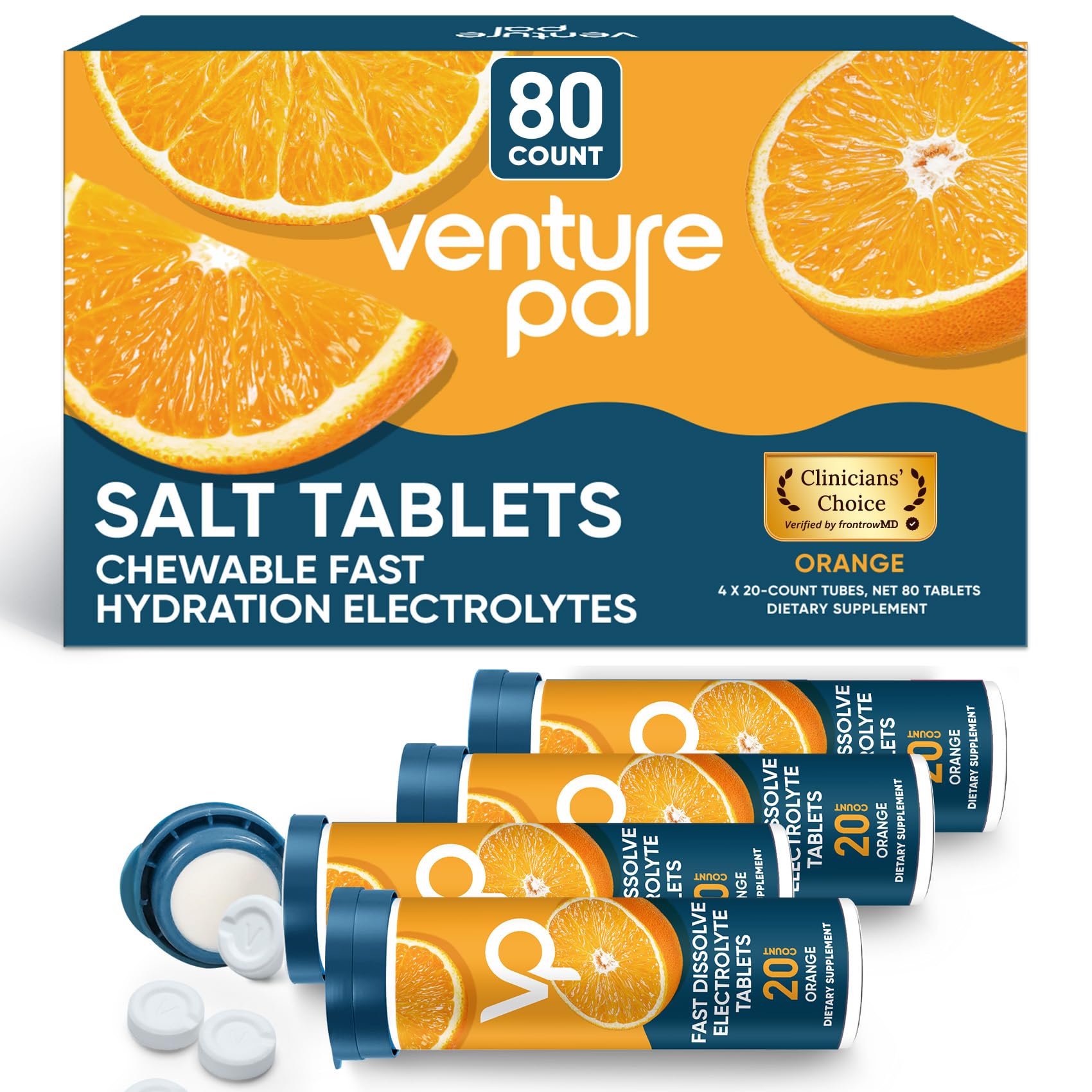 Venture Pal Chewable Electrolyte Tablets, 80 Count, Fast-Dissolve, Variety | Sugar Free Stick Salt Tablets, Gluten Free, Variety Pack for Rapid Hydration, Hiking, Outdoor Running, Keto & Vegan Friendly