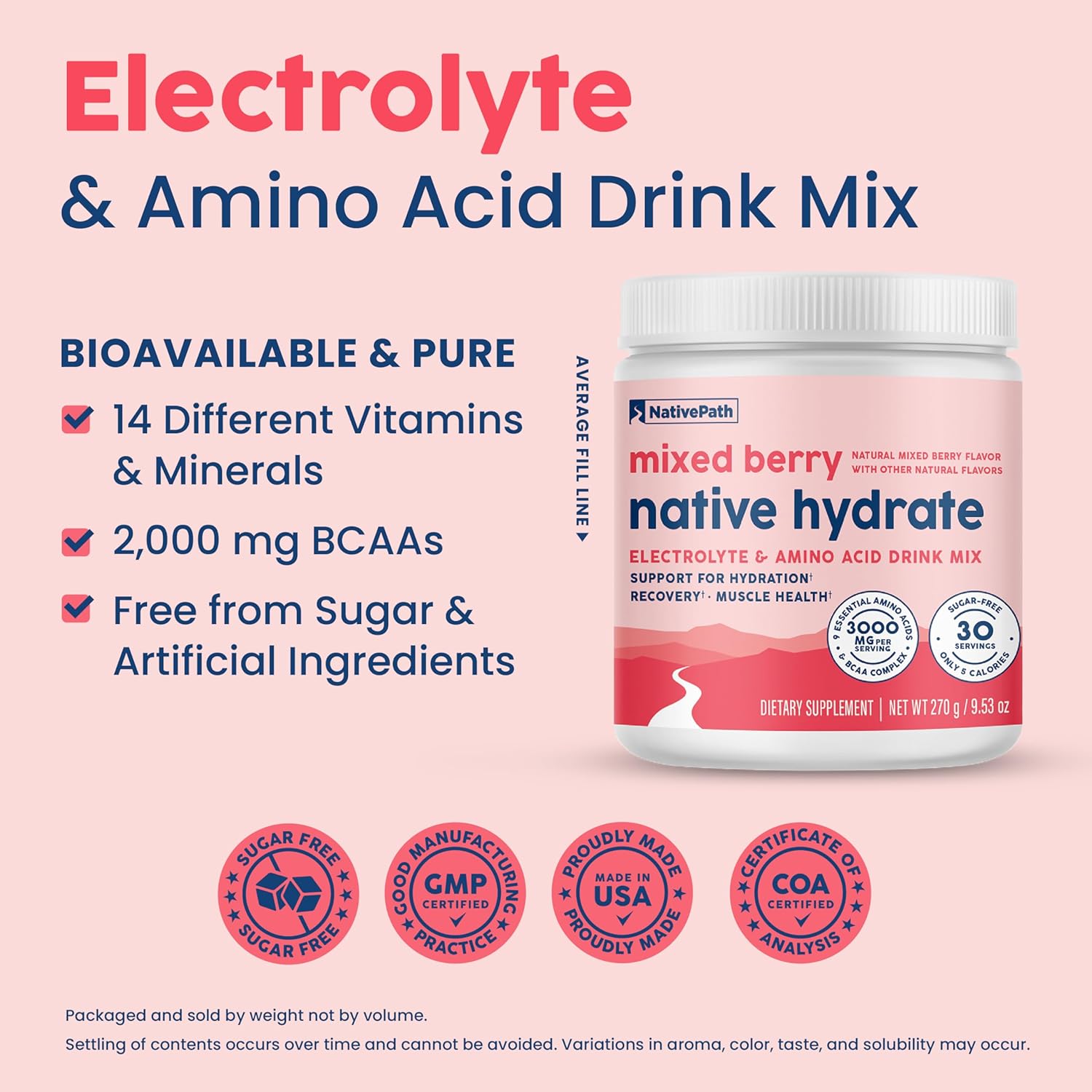 NativePath Hydrate Duo Jars - Mixed Berry & Peach Mango Electrolyte Drink Mix with BCAA for Hydration