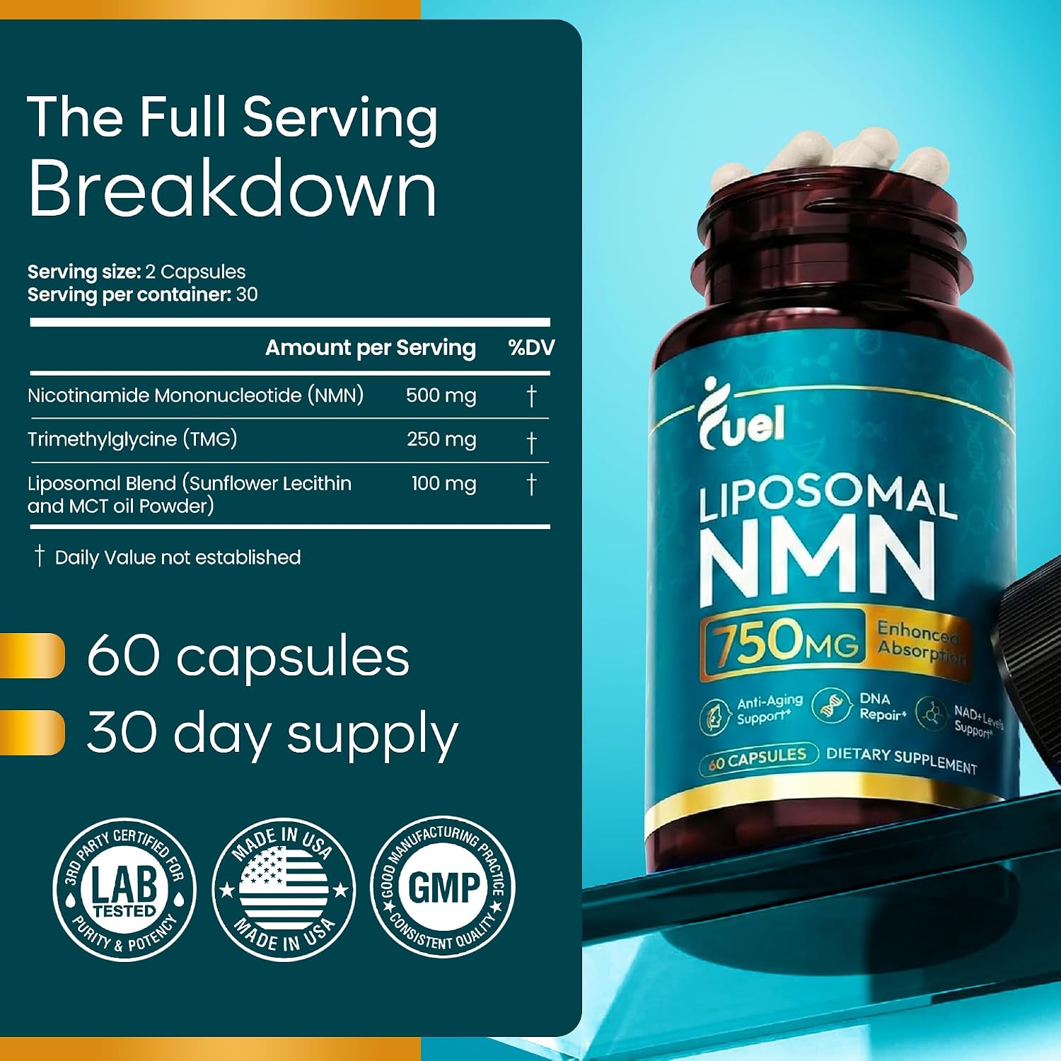 Fuel Liposomal NMN 750mg per Serving (500mg NMN + 250mg TMG) – Enhanced Absorption Nicotinamide Mononucleotide Supplement – NAD+ Support, 60 Capsules, Non-GMO, Lab Tested