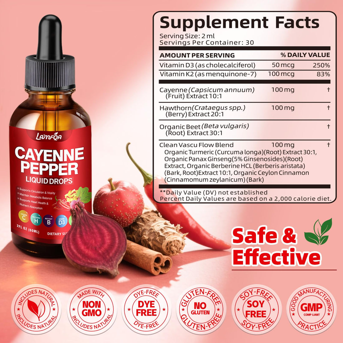 Cayenne pepper liquid drops bottle with label and dropper on a white background
