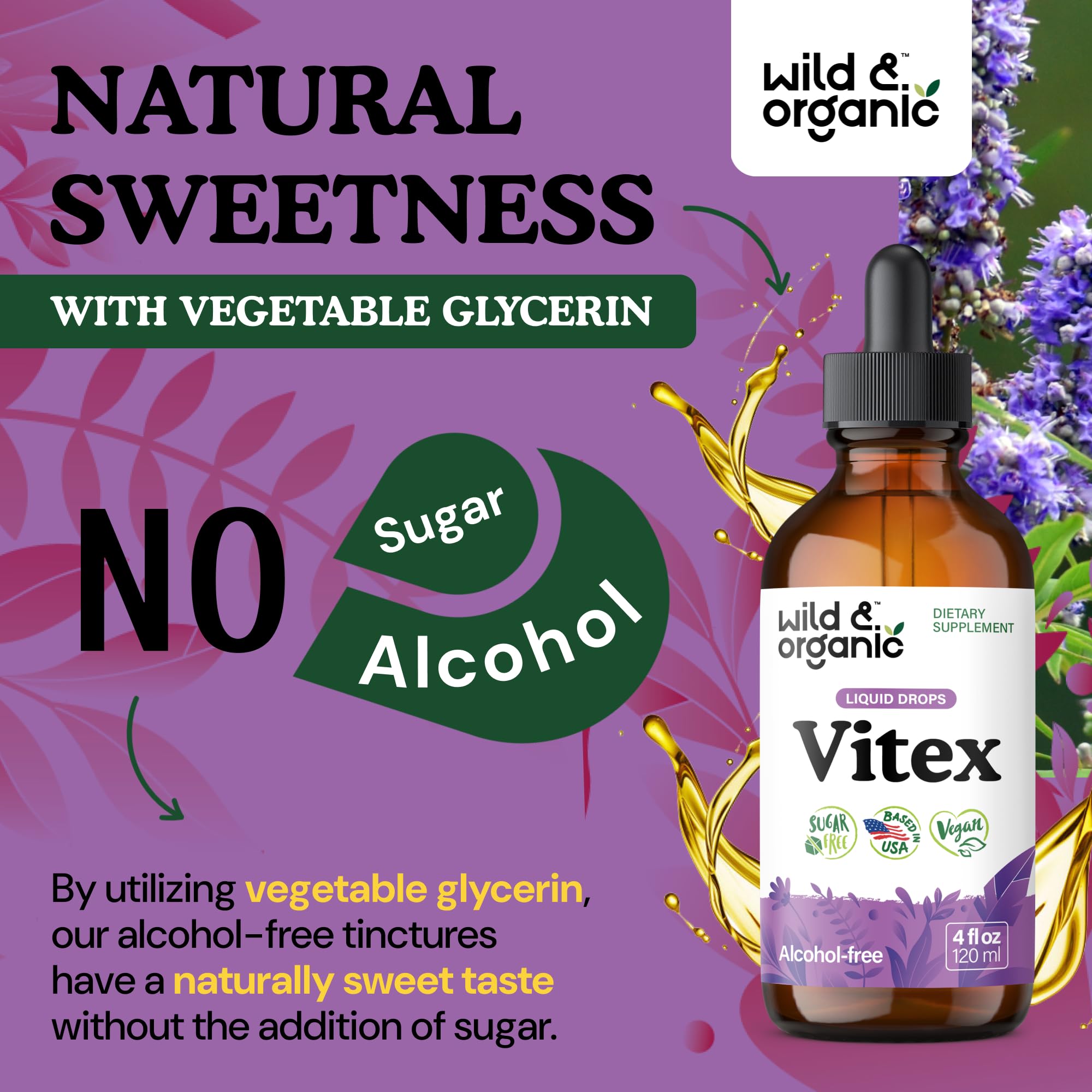 Wild & Organic Vitex Tincture - Mood & Perimenopause Support - Vitex Chasteberry Supplement for Women - Liquid Chaste Tree Berry Extract - Vegan, Sugar & Alcohol-Free Herb Drops - 4 fl oz
