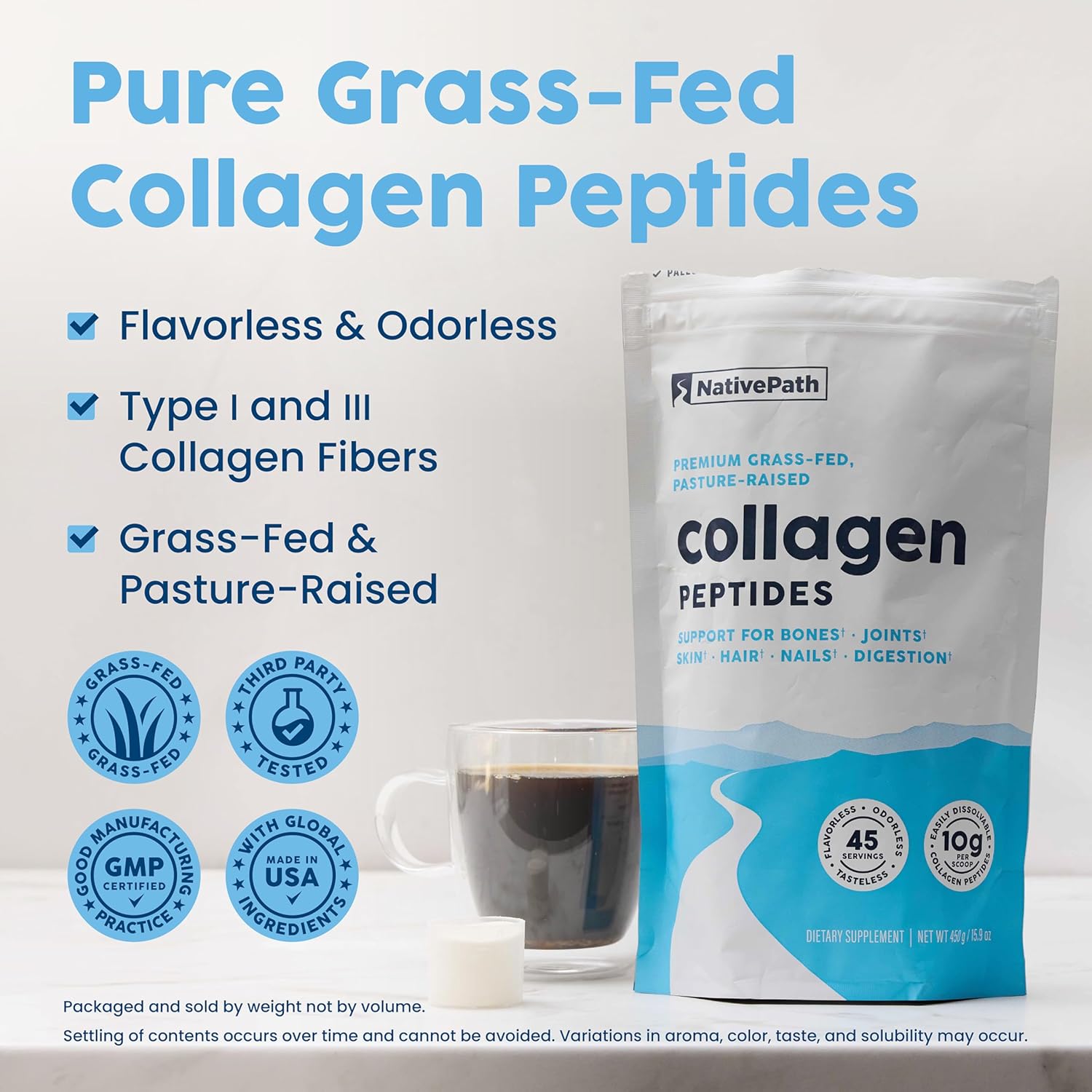 NativePath Collagen Peptides, Grass-Fed Type 1 & 3, 45 Servings | 10g Hydrolyzed Per Scoop, Supports Hair, Skin, Nails & Joints, Unflavored, Women & Men, Keto & Paleo