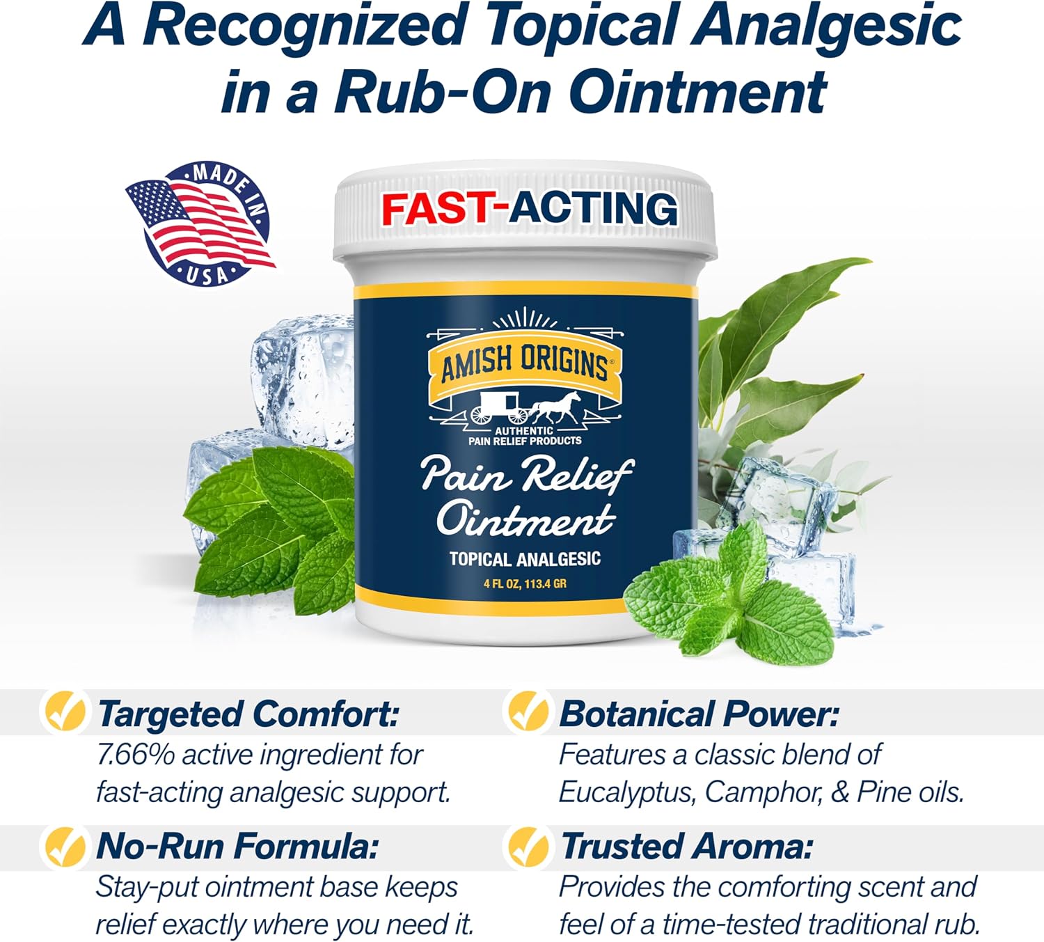 Amish Origins Pain Relief Ointment 4 oz Maximum Strength All Natural Discomfort Reliever for Joint, Muscle, Knee, Back, Neuropathy