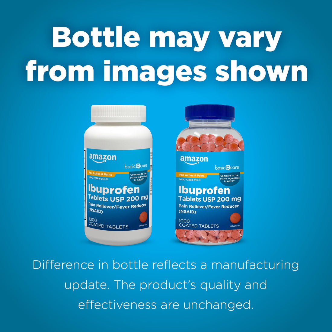 Amazon Basic Care Ibuprofen Tablets bottle on a white background