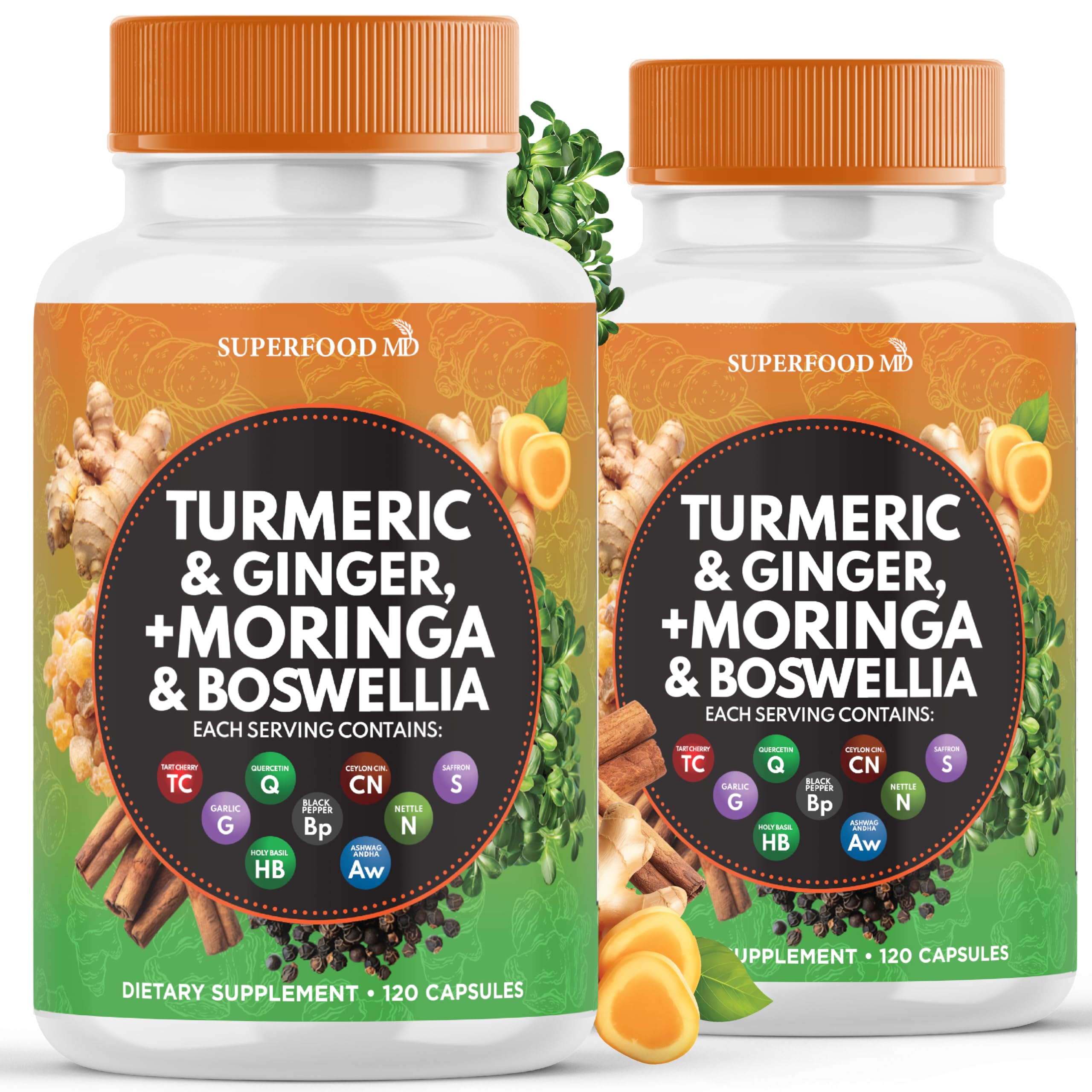 Turmeric Moringa Supplement | Ginger, Boswellia, Saffron, Holy Basil- Joint Support Supplement for Women and Men with Ceylon Cinnamon, Quercetin, Tart Cherry- 240 Count