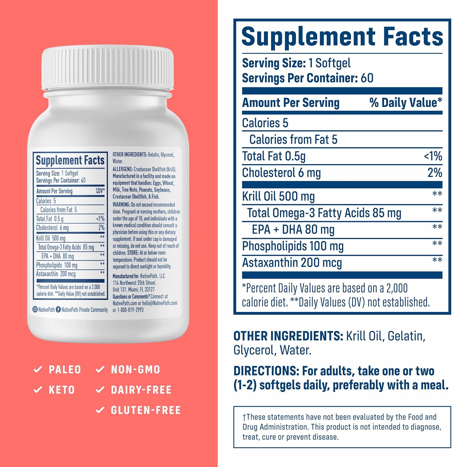 NativePath Antarctic Krill Oil 500mg, Omega-3, 60 Softgels | Wild-Caught, Astaxanthin, EPA & DHA Phospholipid-Bound, Supports Circulatory, Brain & Joint Health