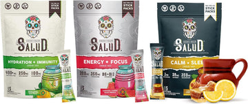 Salud Variety 3-Pack | 2-in-1 Hydration + Immunity (Cucumber Lime), Energy + Focus (Guava) & Calm + Sleep (Lemon Honey) – 15 Servings Each, Non-GMO, Gluten Free, Low Calorie, 1g of Sugar