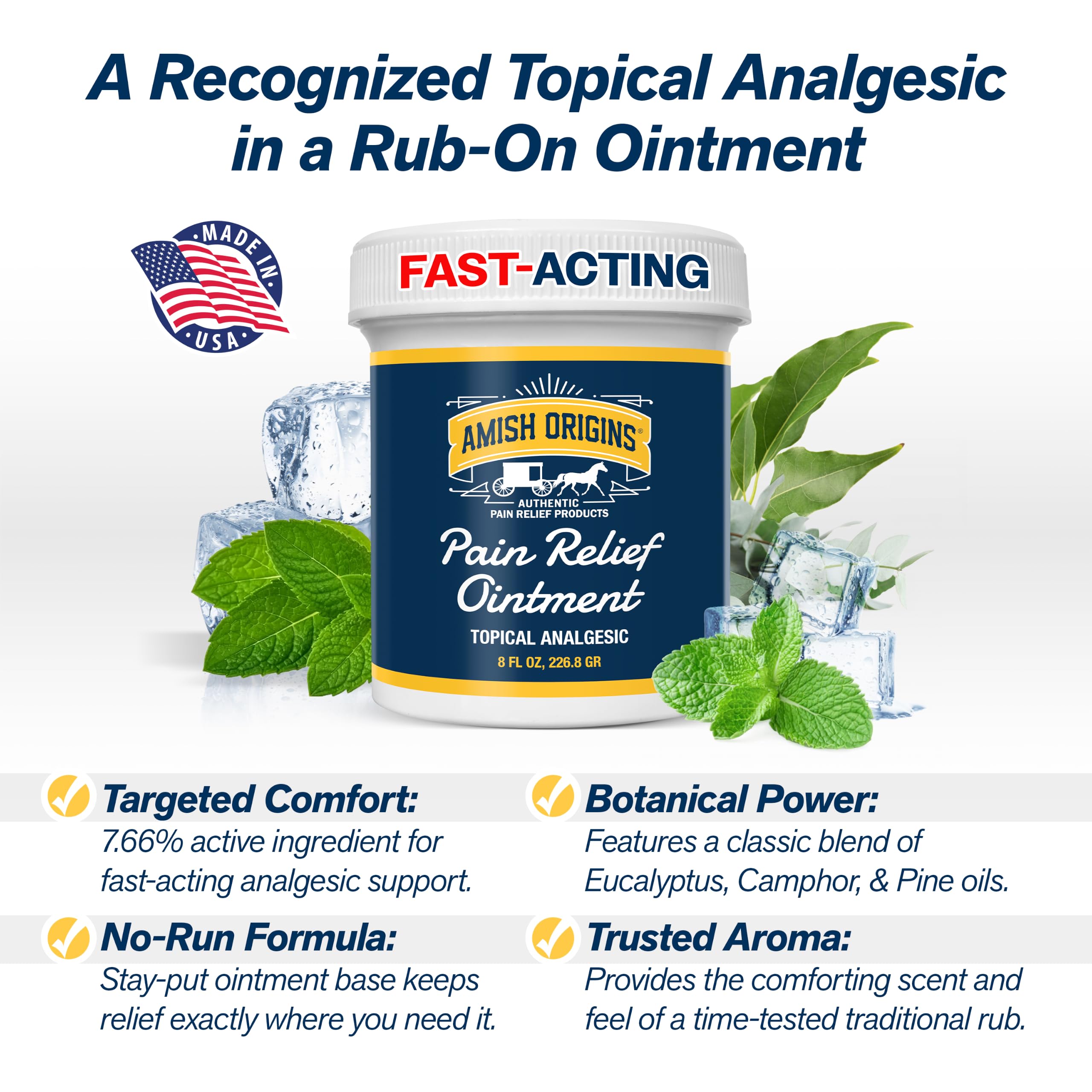 Amish Origins Pain Relief Ointment 4 oz Maximum Strength All Natural Discomfort Reliever for Joint, Muscle, Knee, Back, Neuropathy