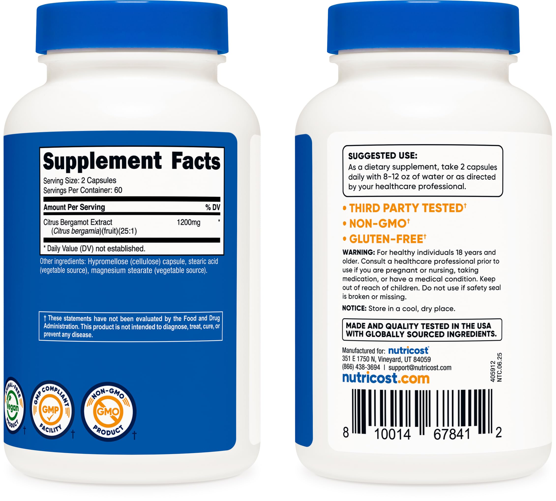 Nutricost Citrus Bergamot Capsules 1,200mg, 120 Capsules, 60 Servings | 25:1 Bergamot Extract, Gluten Free, Vegan, GMO-Free