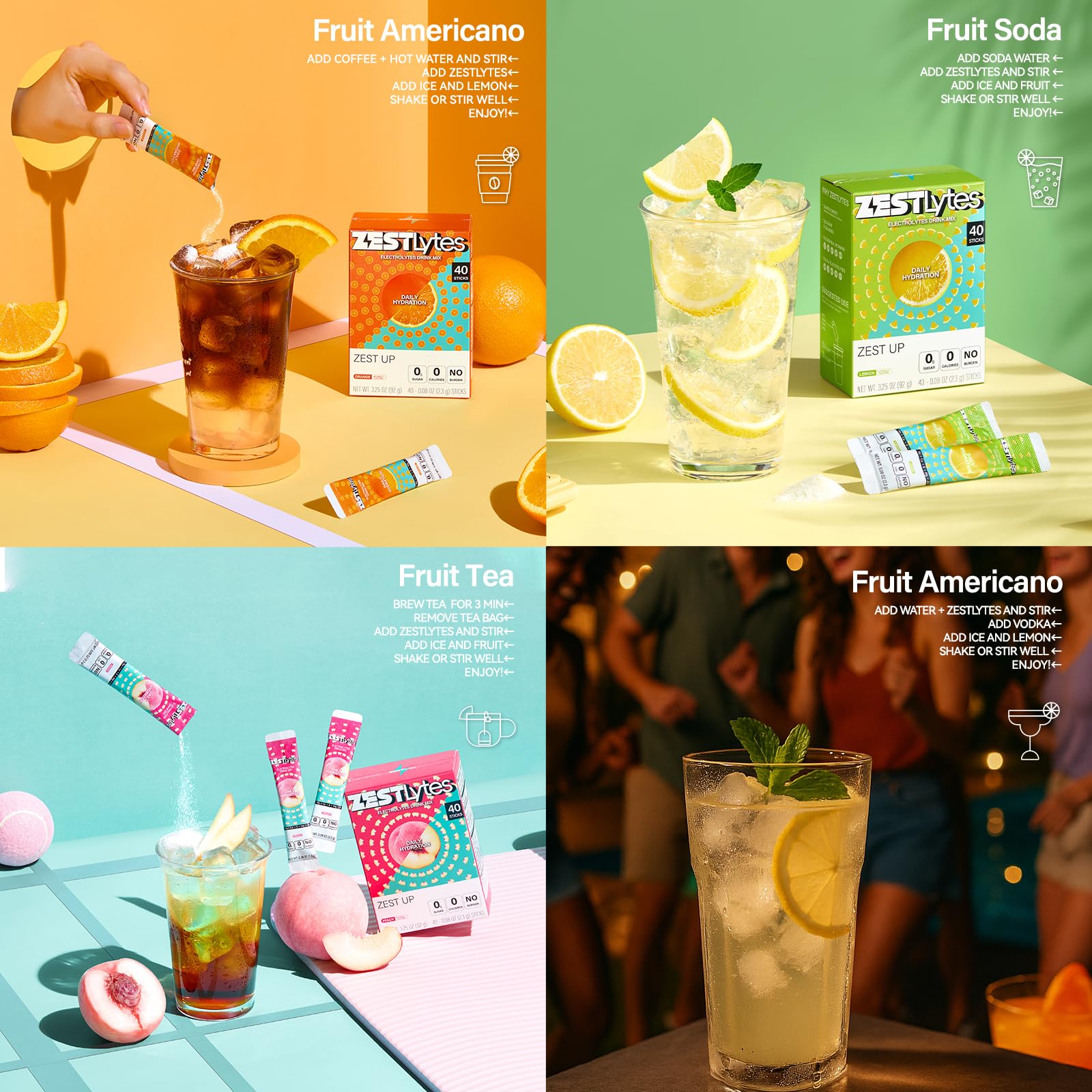40 Sticks Low Sodium Sugar Free & 0 Calorie Electrolyte Hydration Packets | Lightly Sweet Electrolyte Powder Drink Mix, Liquid Daily IV Flavors Lemon Orange Peach Grapefruit