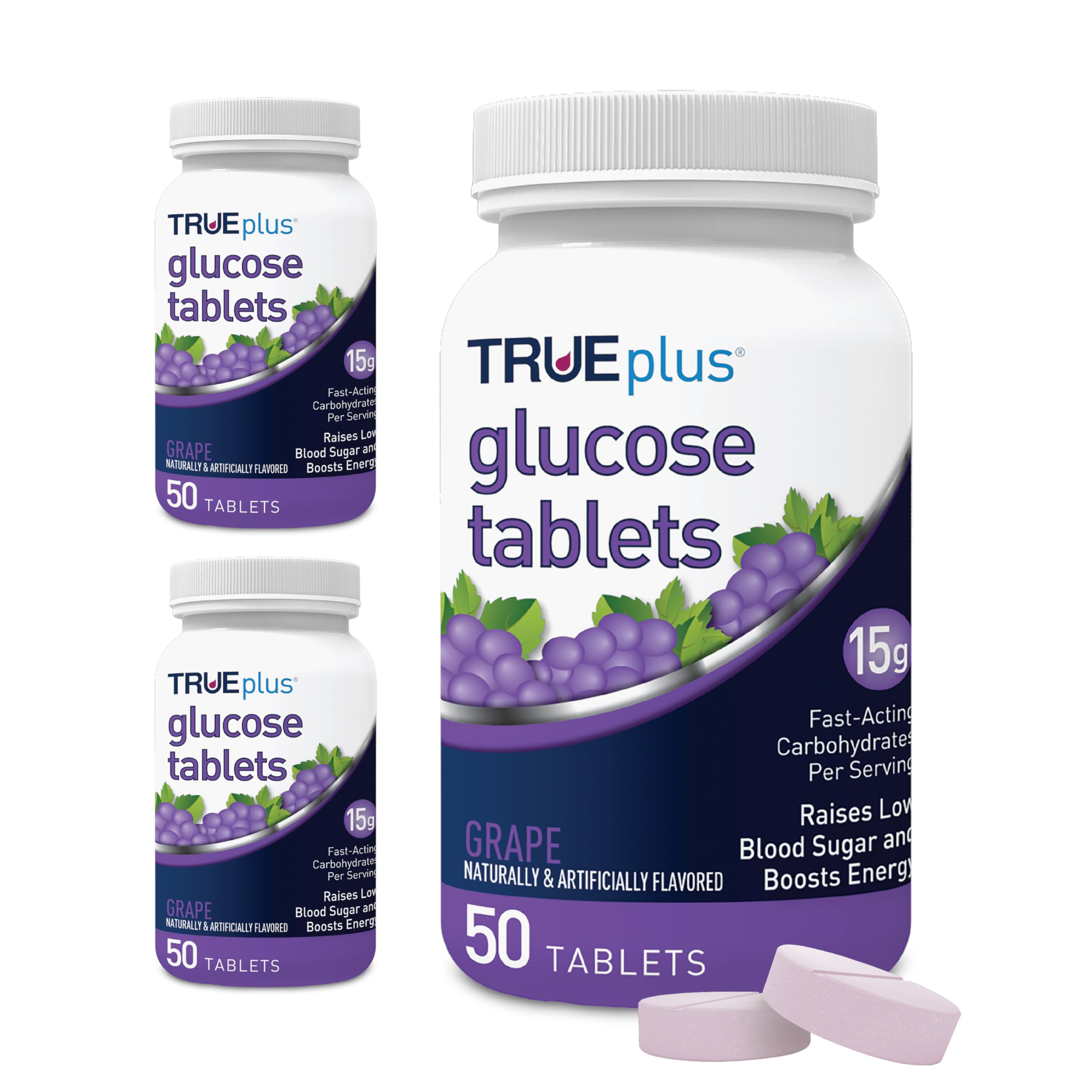 TRUEplus Glucose Tablets, Grape, Raspberry, Orange Flavors, 50 Count | Chewable Tablets, 15g Fast-Acting Carbohydrates, Fat Free, Gluten Free, Boosts Energy, Great Tasting and Easy to Use
