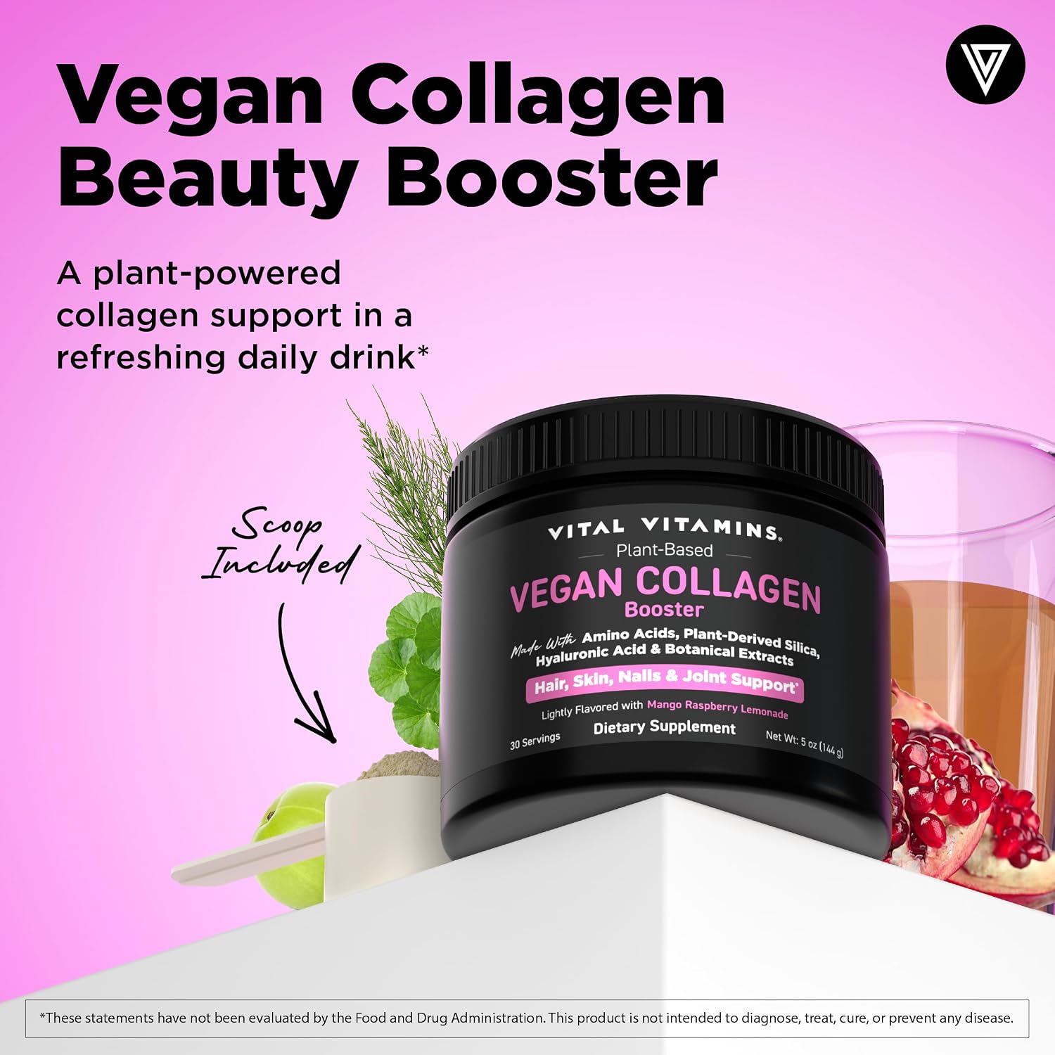 Vital Vitamins Vegan Collagen Booster Powder with Amino Acids & Vitamin C | Mango Raspberry Lemonade Flavor, Plant-Powered Collagen Support with Biotin & Hyaluronic Acid, 30 Servings