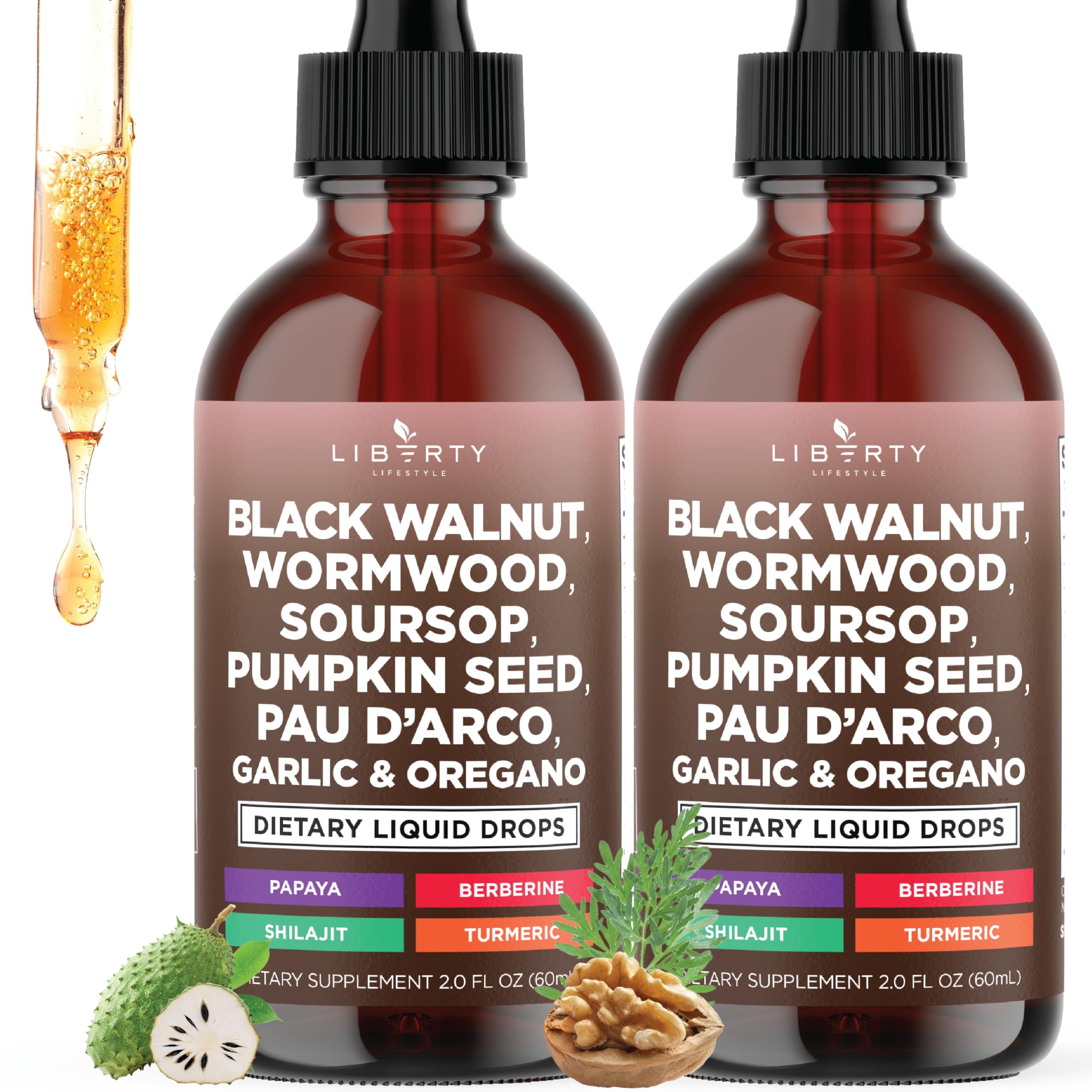Defend Wormwood Black Walnut Cleanse for Humans Drops Liquid Soursop Garlic Pumpkin Seed PAU D'Arco Oil of Oregano Turmeric Berberine Neem Extract Hull Bark Tincture - 4 OZ