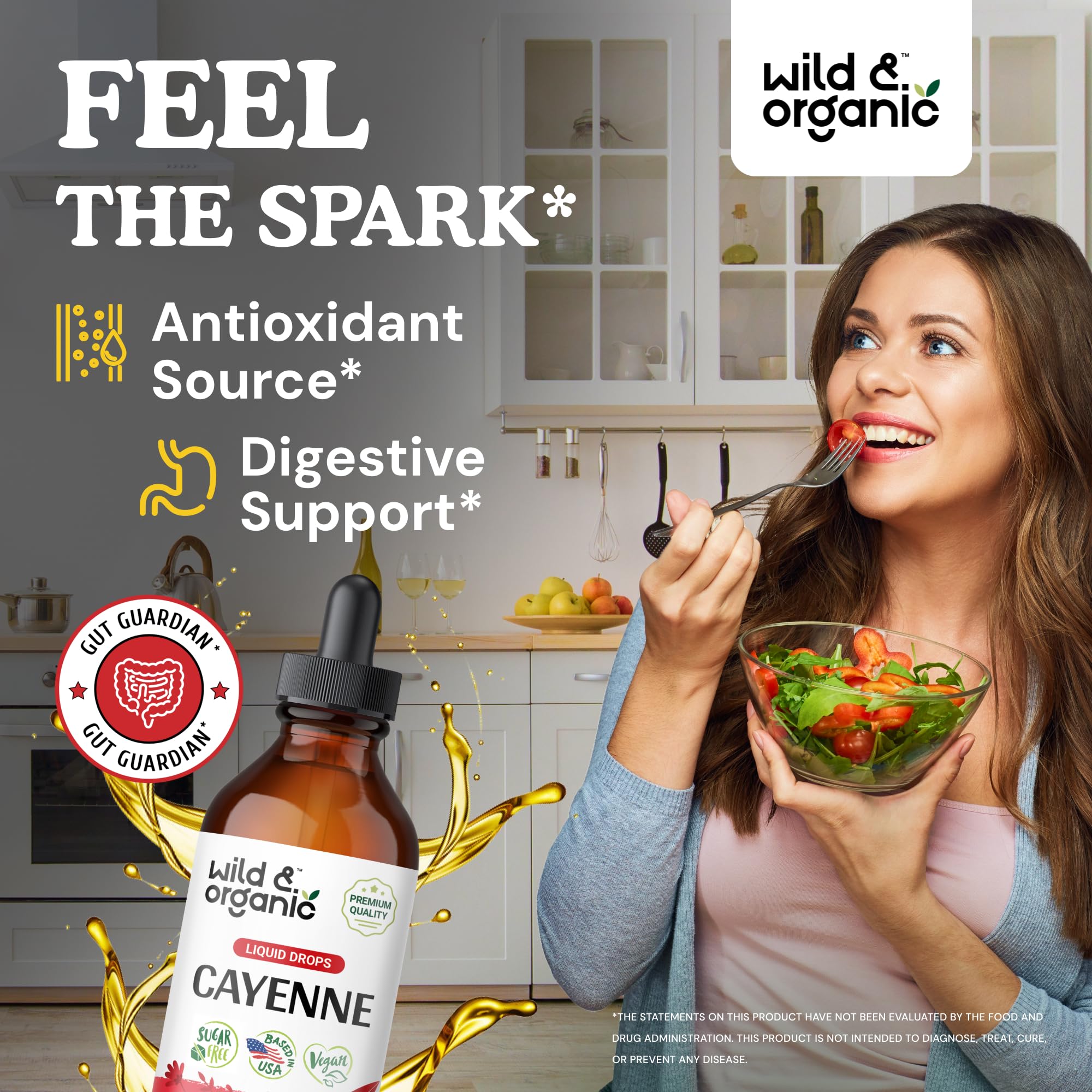 Wild & Organic Cayenne Pepper Drops - Antioxidant & Digestive Support - Capsaicin Supplements - Fast Absorbing Liquid Cayenne Pepper Extract Tincture - No Spicy Aftertaste, Alcohol-Free - 4 fl oz