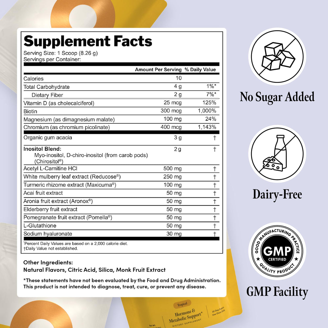 Ovii supplement package with oranges, mango, and a scoop of powder on a white background