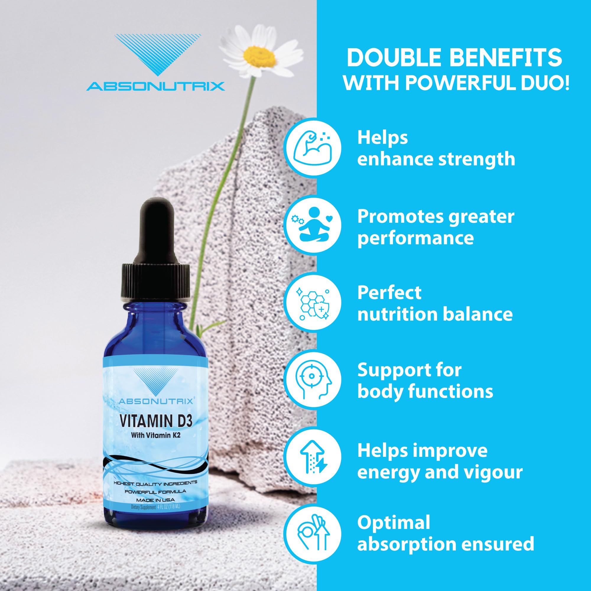 Absonutrix Vitamin D3 K2 Drops, 390mg, 4 Oz Liquid, 302 Servings, Made in USA, Quick Absorption, Quality Potent Ingredients, Non-GMO, GMP Certified, Cruelty-Free Products, Bone Strength Supplements AbsonutrixBuy Supplements Australia