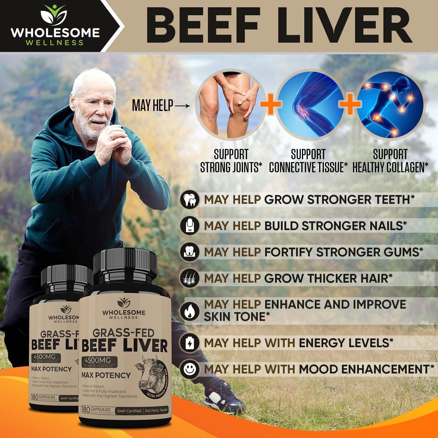 Wholesome Wellness Multi Collagen Protein Powder Hydrolyzed (Type I II III V X) + Grass Fed Desiccated Beef Liver Capsules (180 Pills, 750mg Each) - Natural Iron, Vitamin A, B12 for Energy Bundle