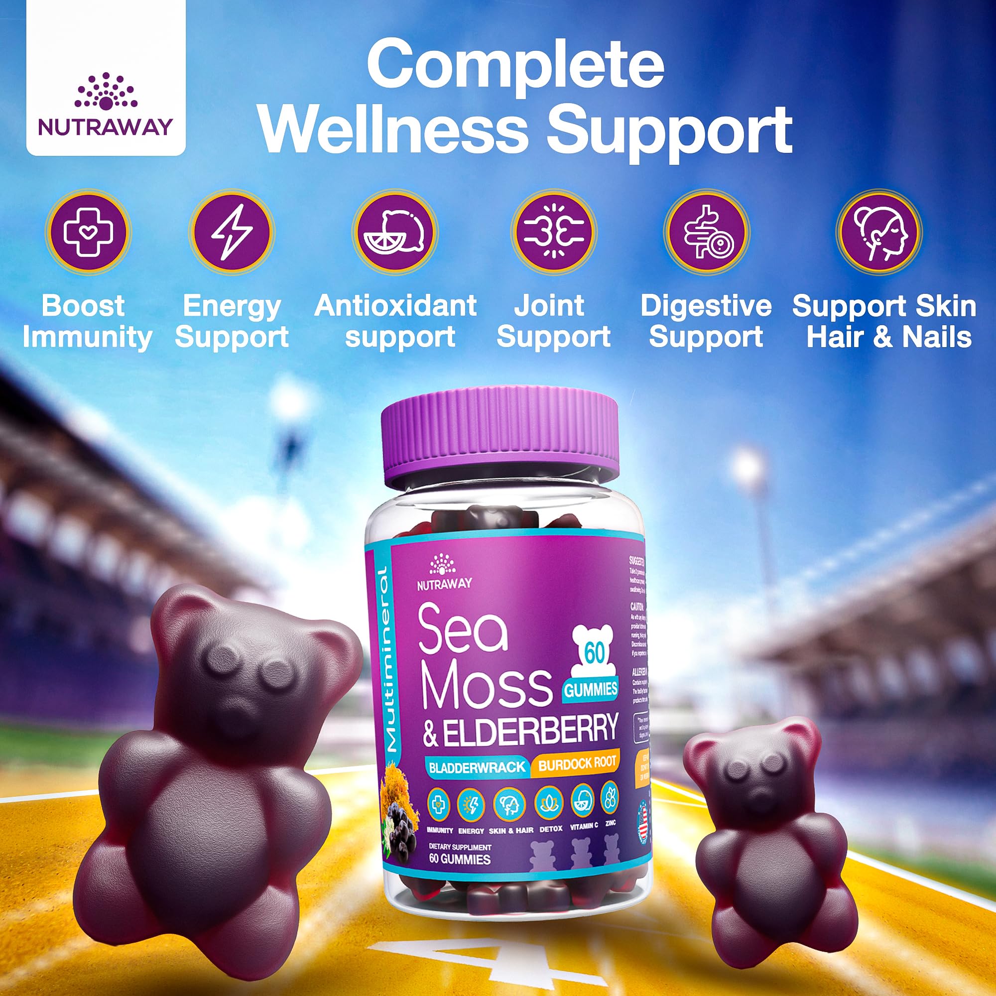 NUTRAWAY LABS Sea Moss Gummies with Elderberry, Vitamin C & Zinc - 102 Minerals from Irish Sea Moss, Bladderwrack & Burdock Root for Immune Support - Vegan Seamoss Supplement (Pack of 1) NUTRAWAY LABSBuy Supplements Australia