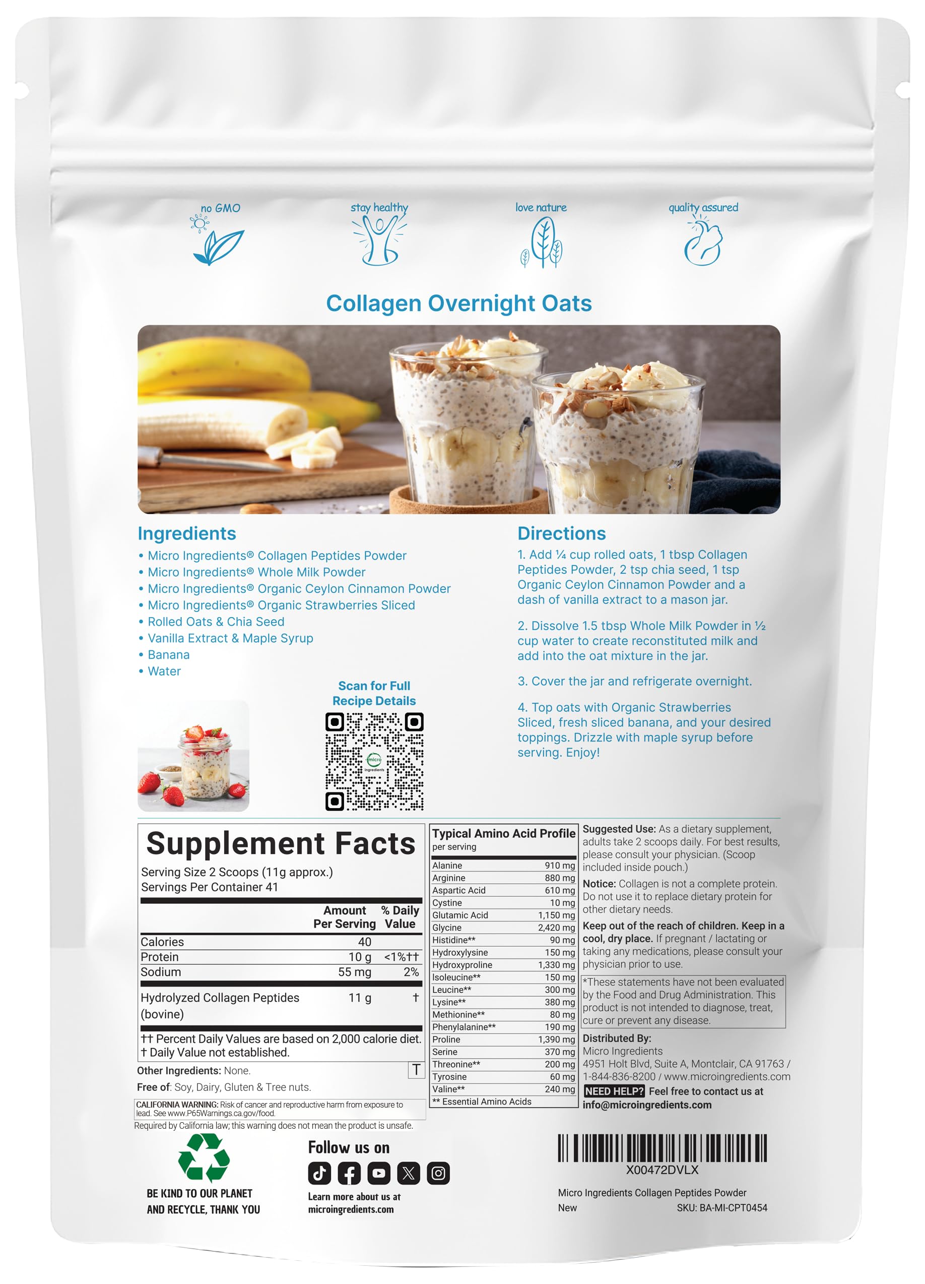 Micro Ingredients Hydrolyzed Collagen Peptides Powder, 1 lb | Type I & III Collagen for Women & Men | Unflavored Bovine Collagen Protein | Easy Dissolve, Paleo, Non-GMO