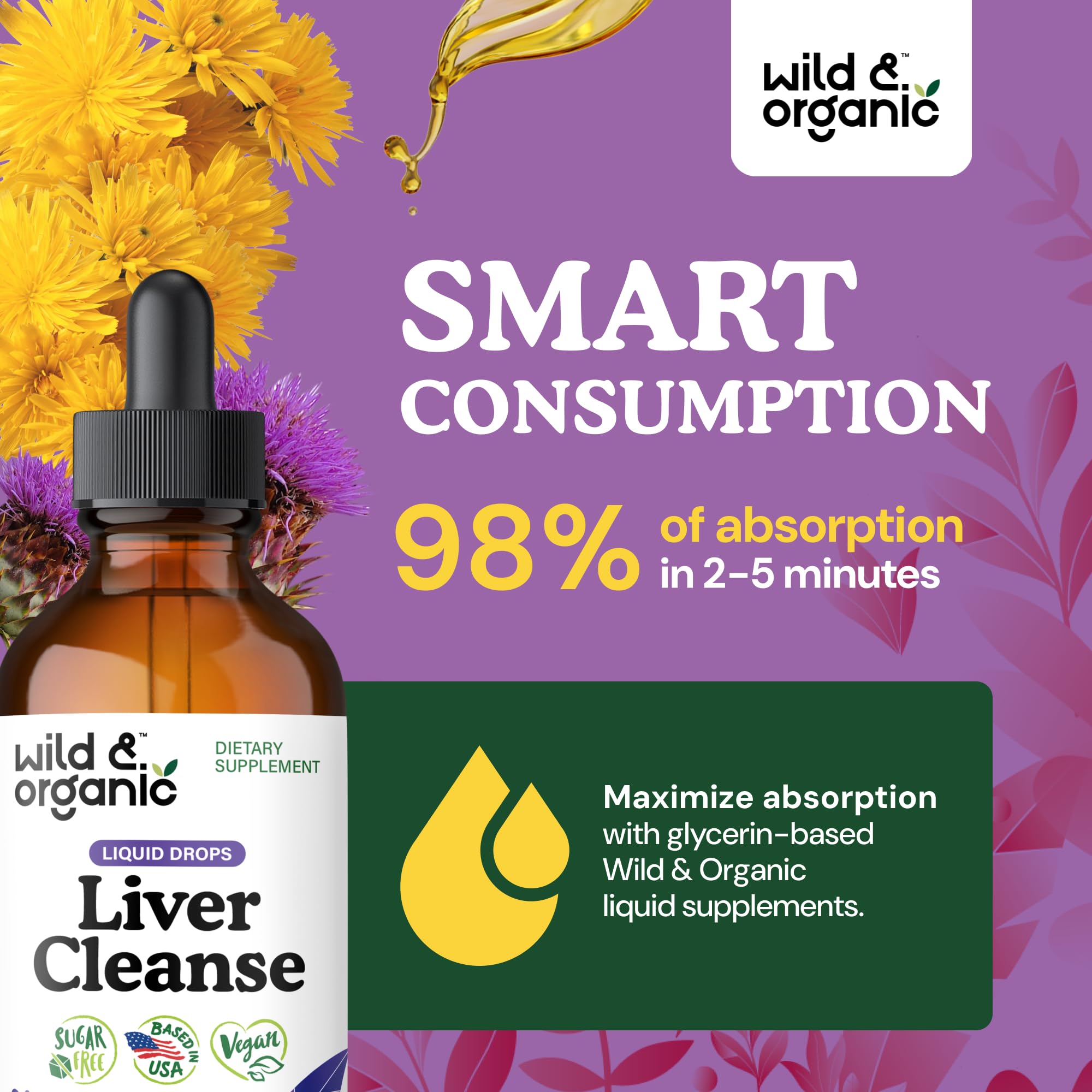 Wild & Organic Liver Cleanse Detox Tincture - Milk Thistle, Dandelion Root Herbal Complex - Liquid Liver Support Supplement - Vegan, Sugar & Alcohol-Free Milk Thistle Drops - 4 fl oz