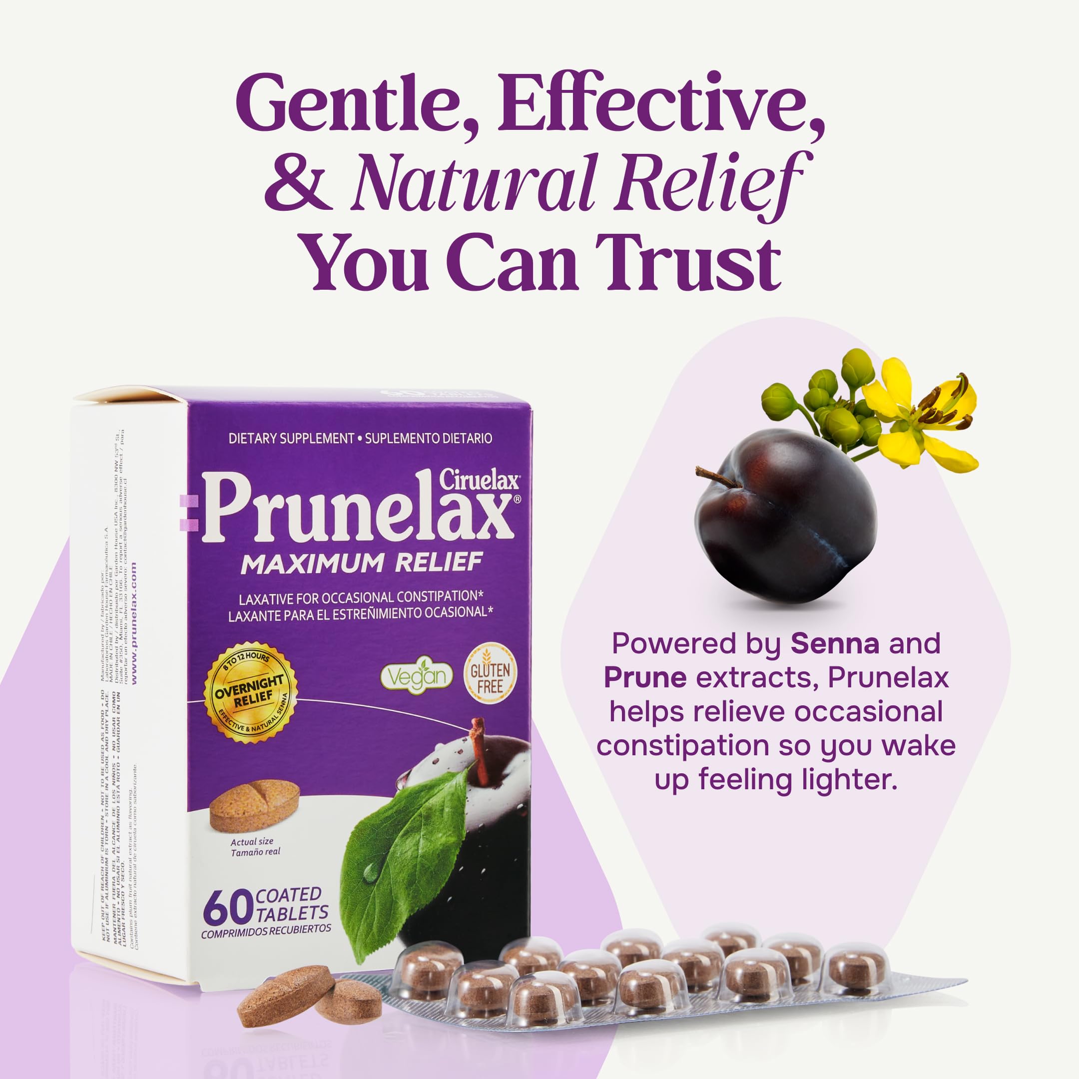Prunelax Ciruelax Maximum Relief Laxative Tablets with Natural Senna for Occasional Constipation, Senna Extract, Vegan & Gluten-Free, Gentle Overnight Relief - 100ct