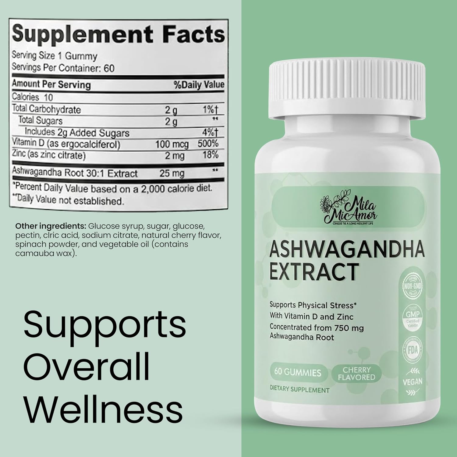 Ashwagandha Gummies 750mg with Vitamin D and Zinc - Daily Wellness Formula - Cherry Flavor, Vegan, Non-GMO - 60 Gummies