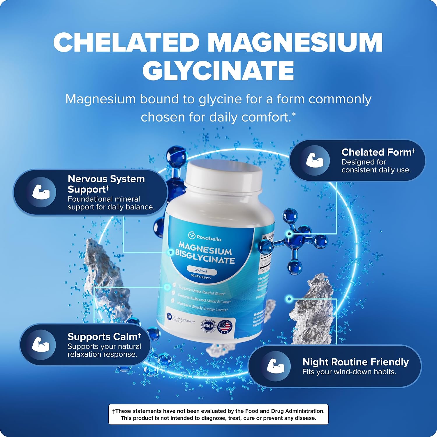 Rosabella Magnesium Bisglycinate Capsules – High Absorption, Non-Laxative Magnesium Biglycinate Chelate, Gentle Formula for Relaxation, Restful Sleep Routines & Muscle Comfort – 90 Capsules