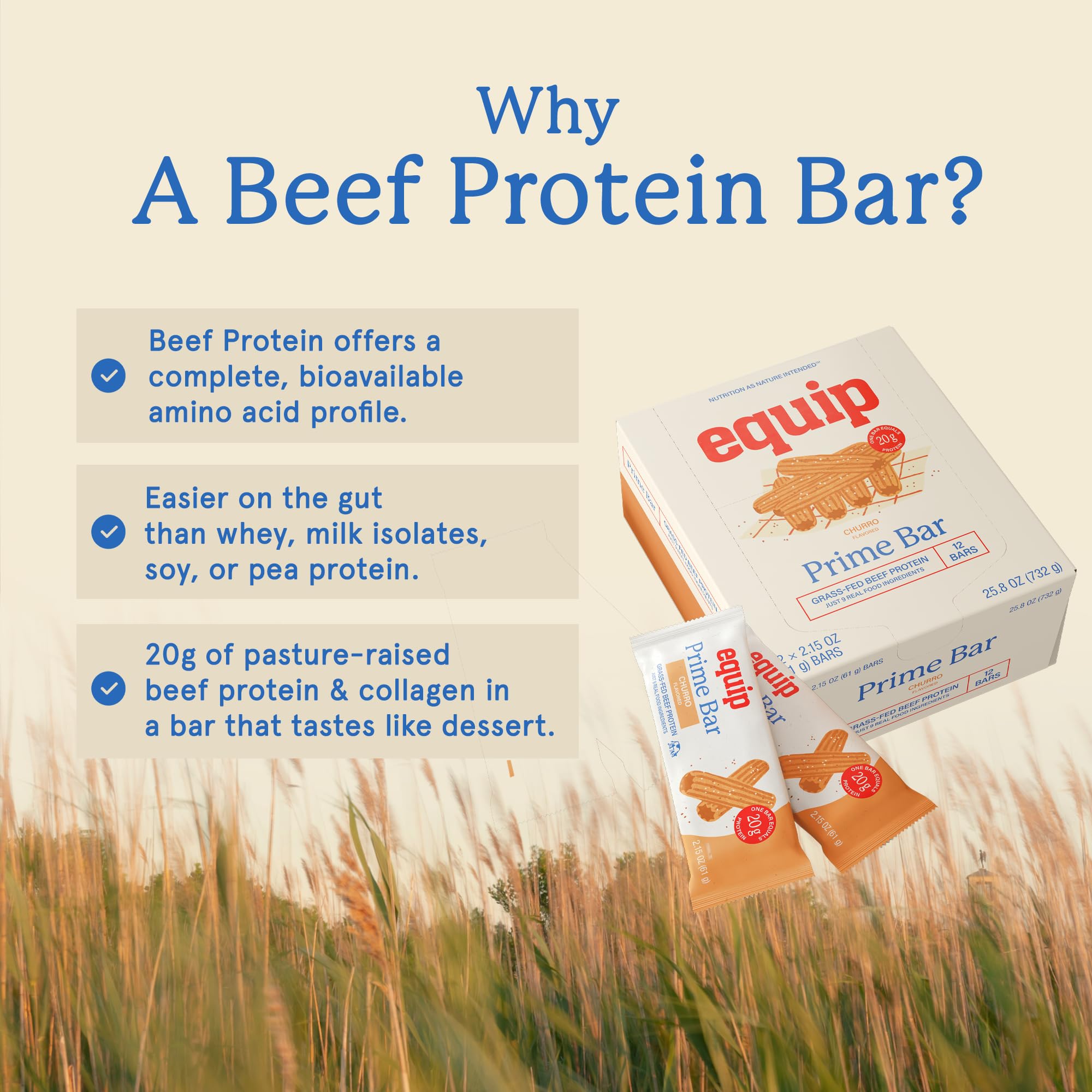 Equip Foods High Protein Prime Bars – Grass Fed Beef Protein, Collagen & Tallow – Gut Friendly, Gluten Free 20g Protein Bars - Only Real-Food Ingredients - Peanut Butter Chocolate, 12 Count