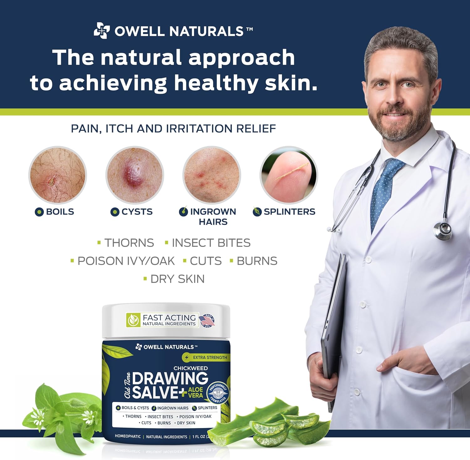 Owell naturals Chickweed Drawing Salve with Aloe Vera for boils, Cyst, Splinters, Poison Ivy/Oak, Skin Disorder, Irritations, Burns, Minor Cuts, Dry Skin, Itching