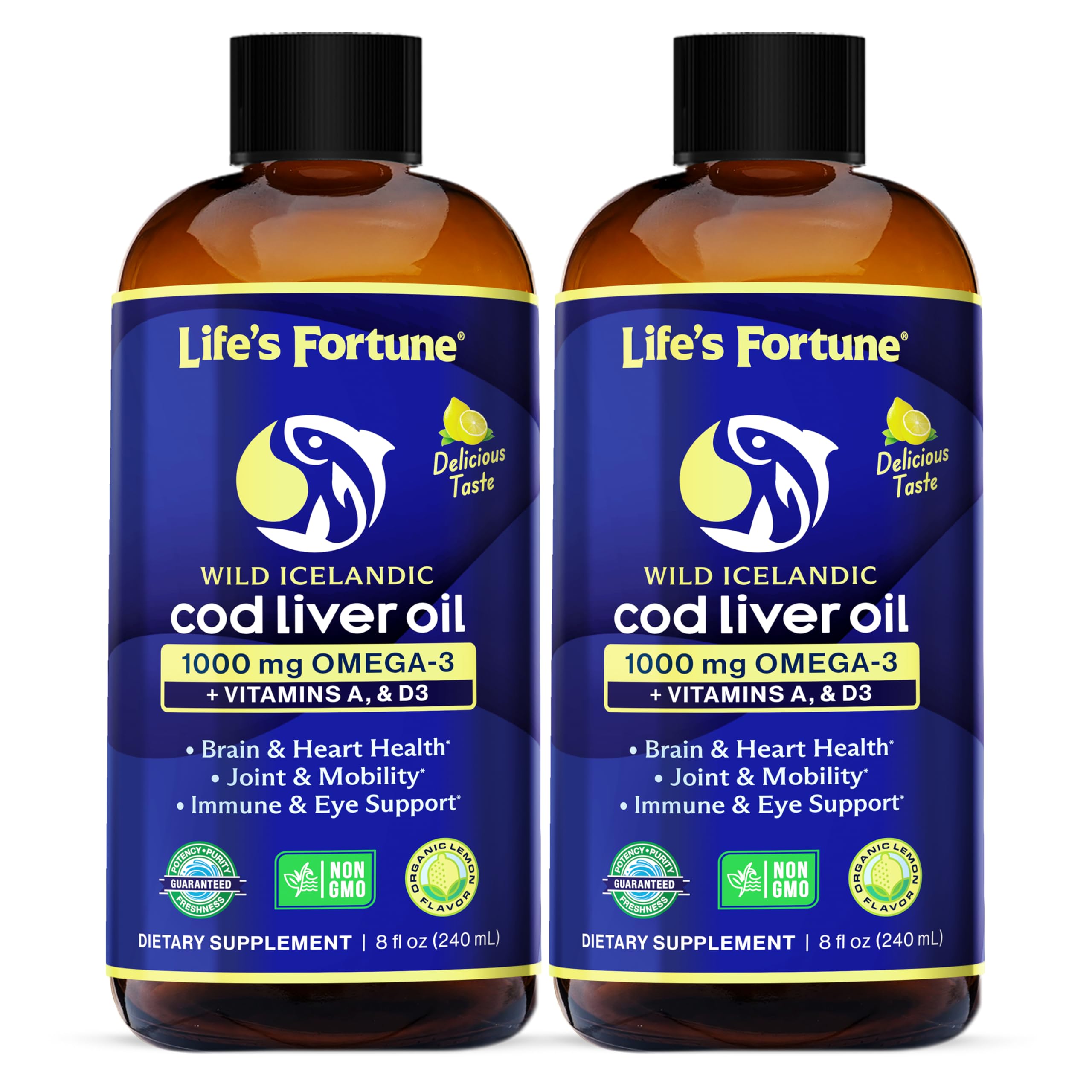 Life's Fortune Cod Liver Oil Liquid Lemon Flavor Organic Supplement with DHA, EPA 1000 mg High Potency Omega-3s + Vitamin A, E & D3 - Supports Immune, Joints, Eyes, 16 Fl Oz (Pack of 1)