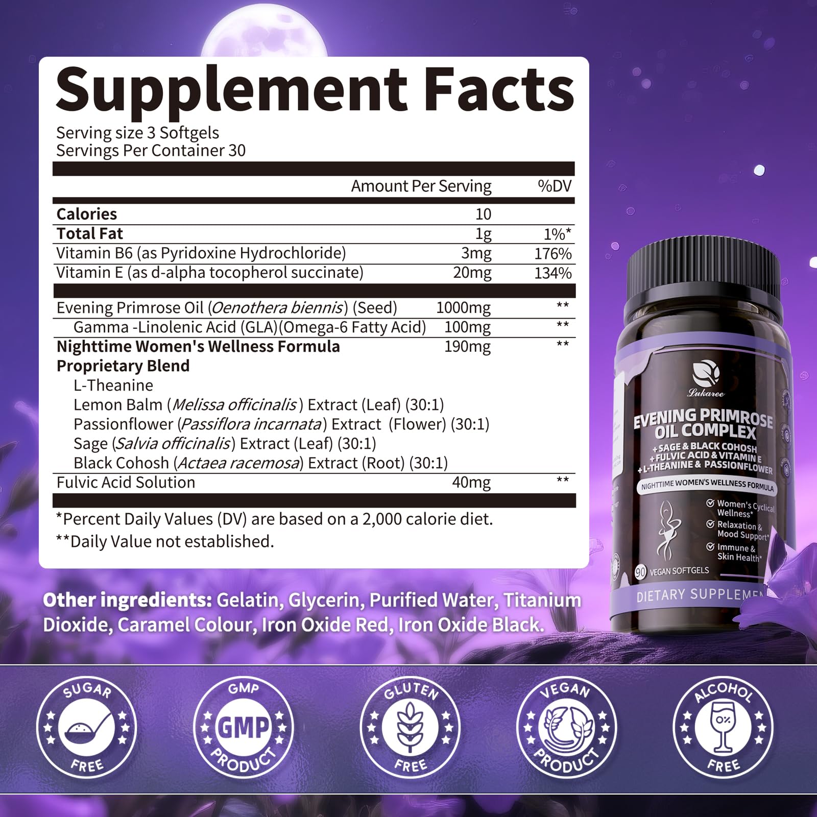 Evening Primrose Oil 1000mg - Hormone Balance for Women & Mood | Primrose Oil Capsules Cold-Pressed w/10% GLA, Essential Fatty Acids, L-Theanine for Mood, Skin & Immune, 90 Softgels