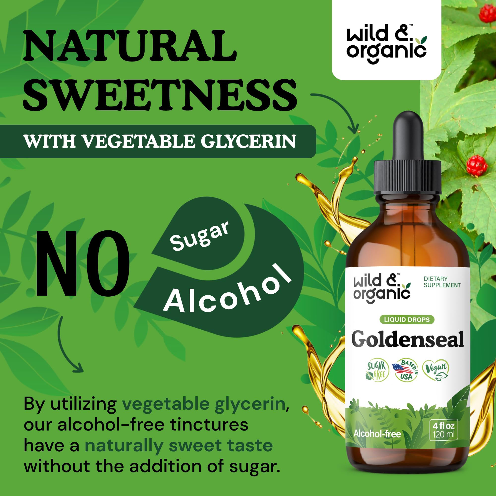 Wild & Organic Goldenseal Tincture - Lung & Digestive Support - Goldenseal Root Extract Liquid Drops - Vegan, Sugar & Alcohol-Free Herb Supplement - 4 fl oz