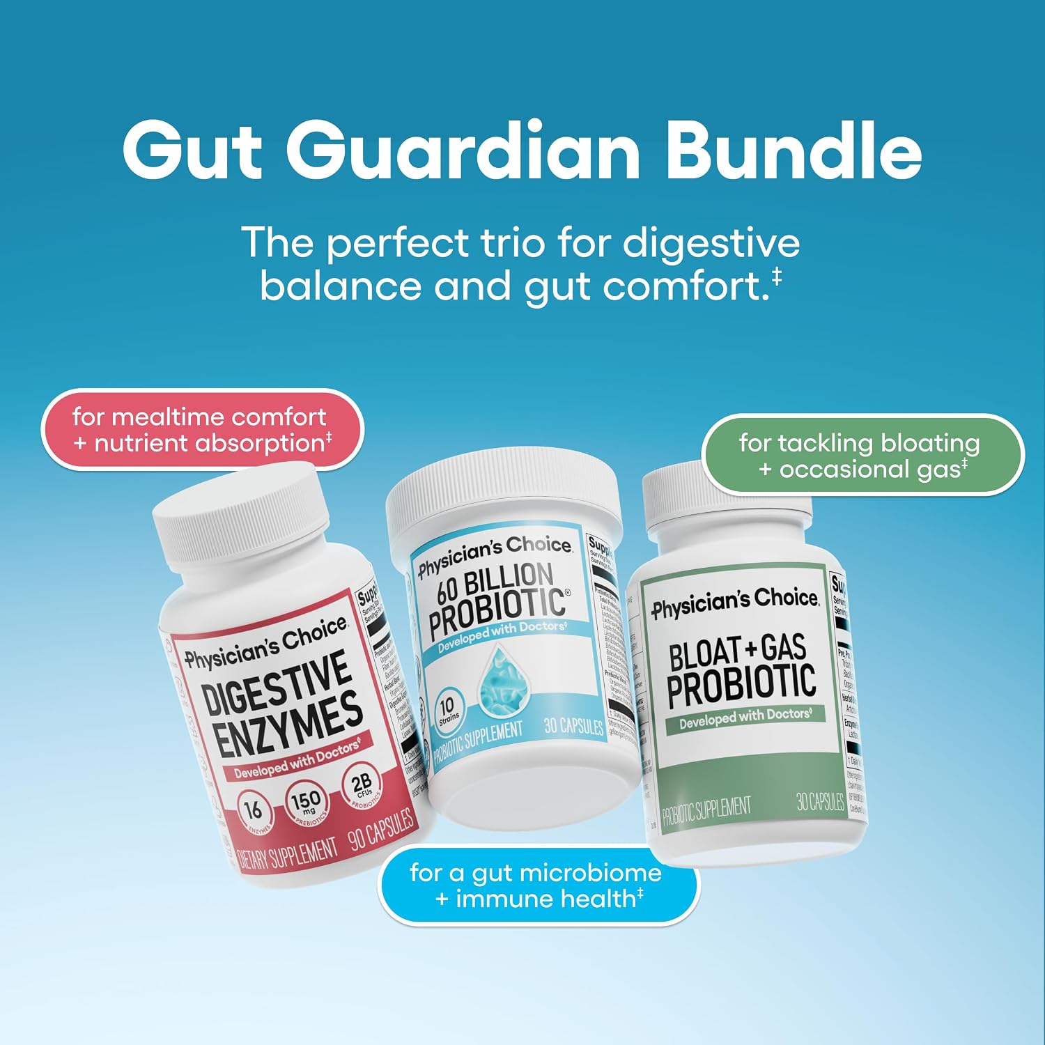 Physician's CHOICE Gut Value Bundle: 60 Billion Probiotic 30ct + Bloat & Gas Probiotic 30ct + Digestive Enzymes 90ct