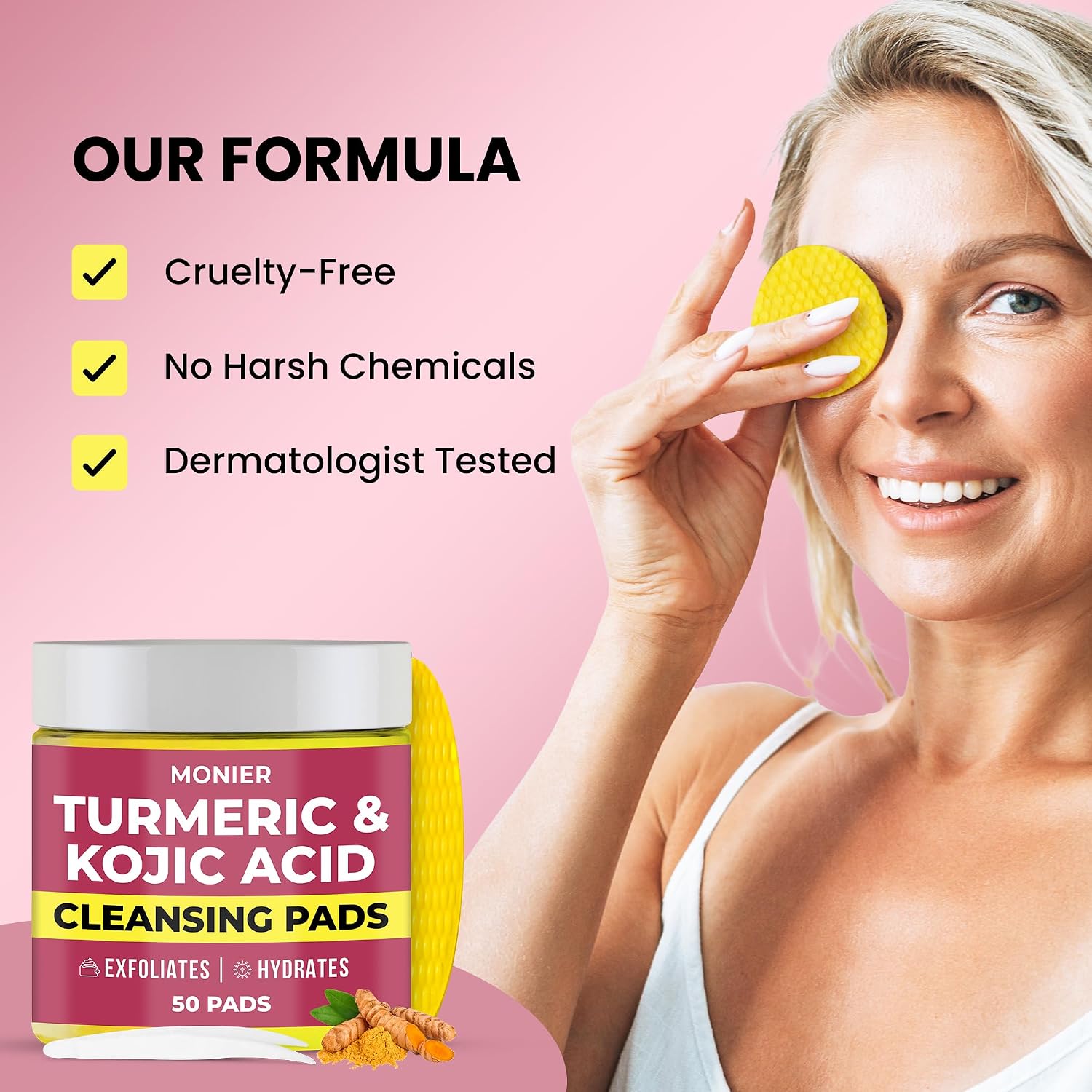 Turmeric Kojic Acid Cleansing Pads for Face Dark Spots - Hydrates & Plumps | With Vitamin C & E, Sensitive Skin Friendly (50 Pads)