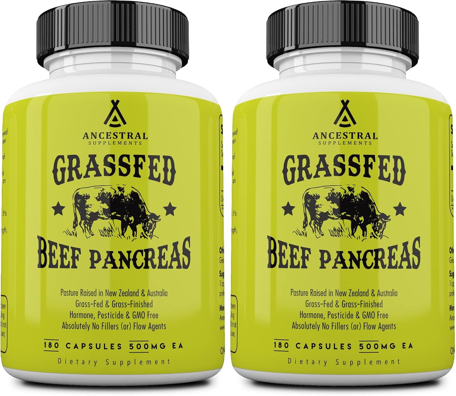 Ancestral Supplements Grass Fed Beef Pancreas Supplement, 500mg, Pancreatic Support with Proteolytic Digestive Enzymes for Digestion Support, Including Trypsin, Non GMO, 180 Capsules (Pack of 2)