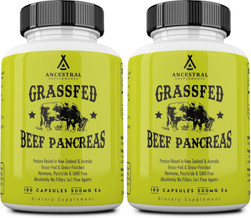 Ancestral Supplements Grass Fed Beef Pancreas Supplement, 500mg, Pancreatic Support with Proteolytic Digestive Enzymes for Digestion Support, Including Trypsin, Non GMO, 180 Capsules (Pack of 2)