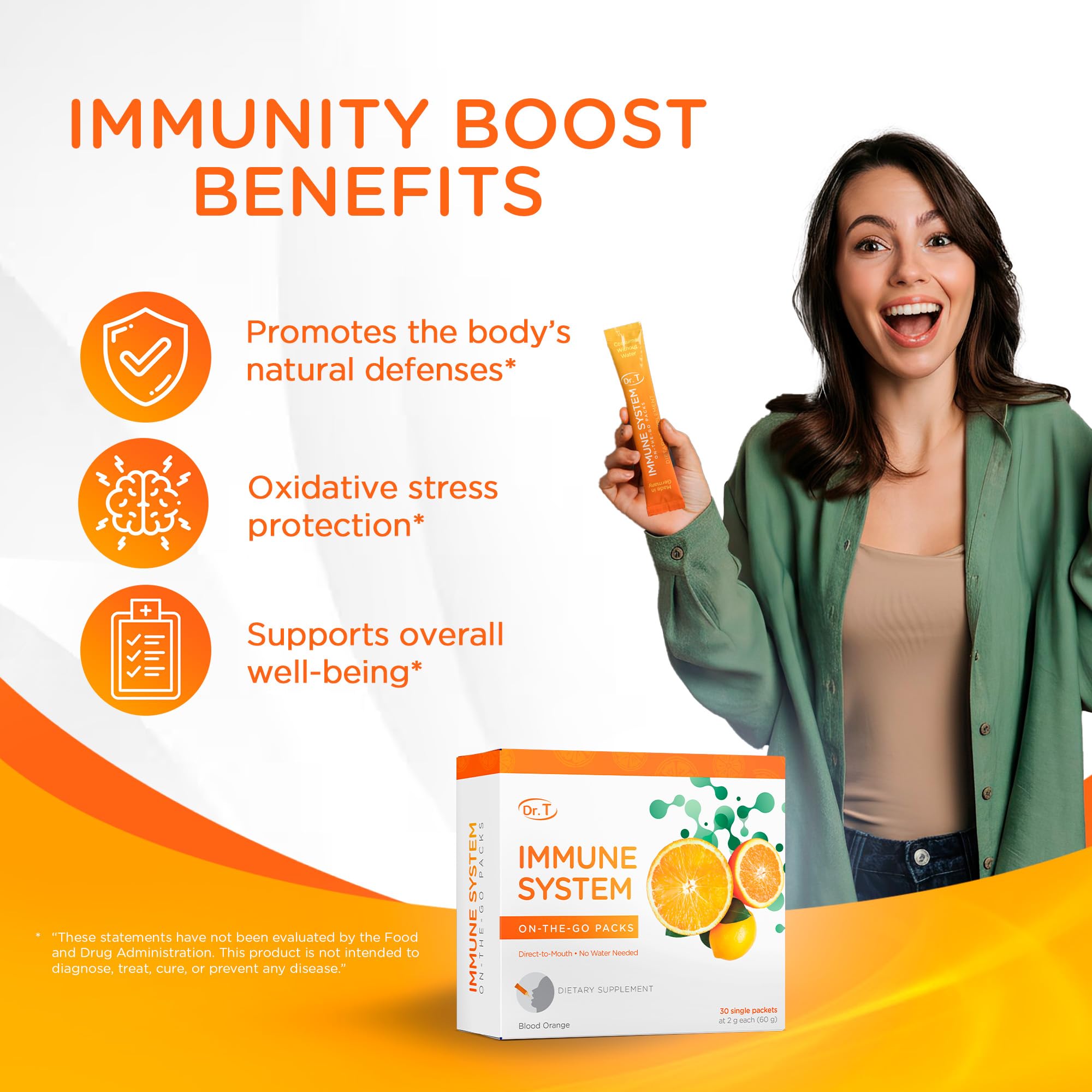 Dr. T On-the-go Packs – Immune System Formula – No Water Needed, Direct-to-Mouth – with Vitamins C, E, Zinc & Selenium – Supports Daily Wellness, Vitality & Overall Health – Orange, 30 Packs Dr. T buy supplements Au