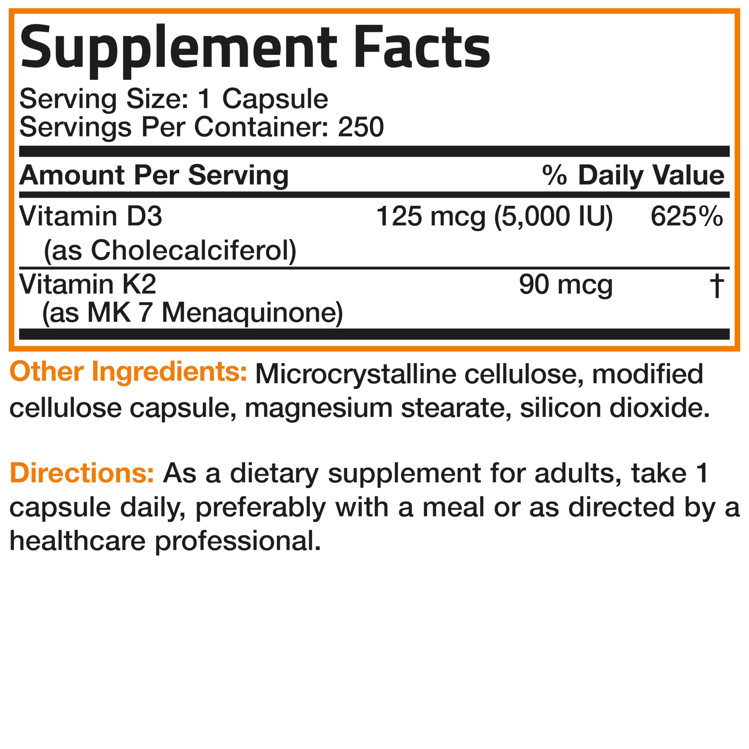 Bronson Vitamin K2 D3 (MK7) Supplement 2-in1 D3 & K2 Complex, 60 Capsules | Bone, Immune & Heart Health Support, Gluten Free, Soy Free, Non-GMO, Vitamin D3 5000IU (125 mcg) & 90 mcg K2 MK-7