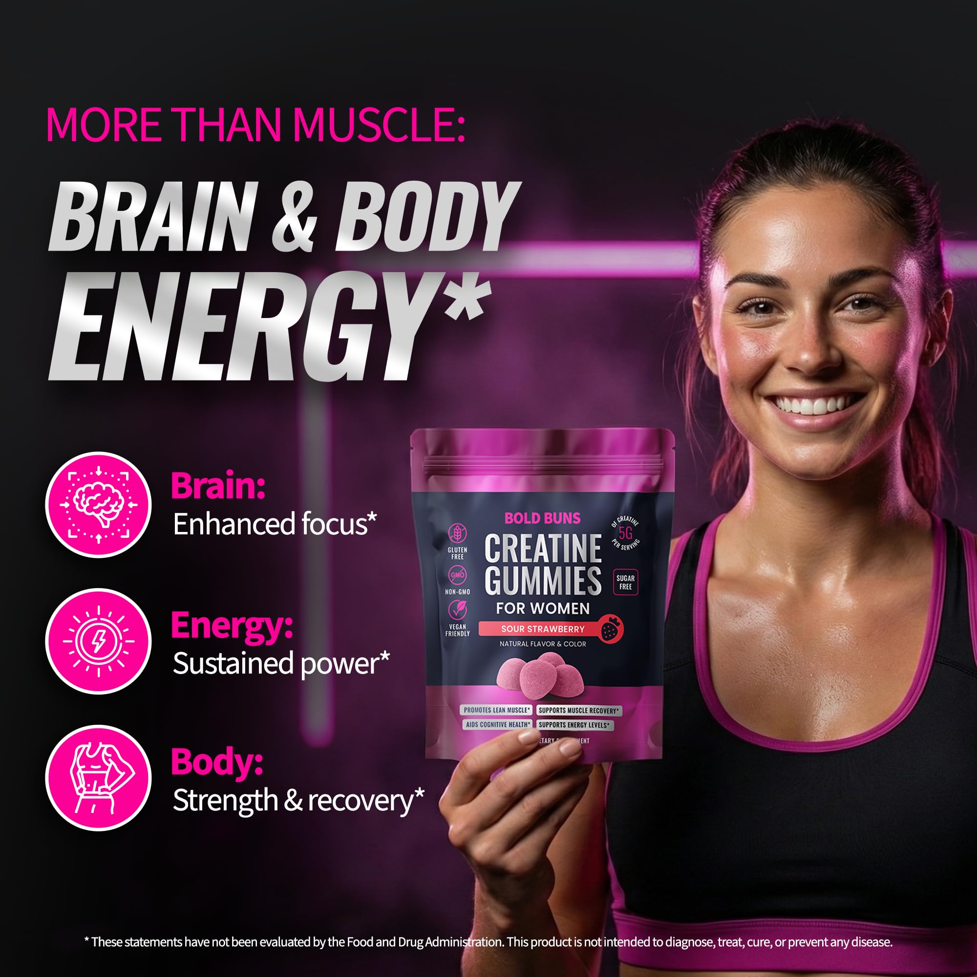 Bold Buns Creatine for Women – Supplement with Collagen & BCAA – Supports Muscle Development, Post-Workout Recovery, Skin Elasticity, Healthy Hair & Nail (30 Servings, Unflavored)