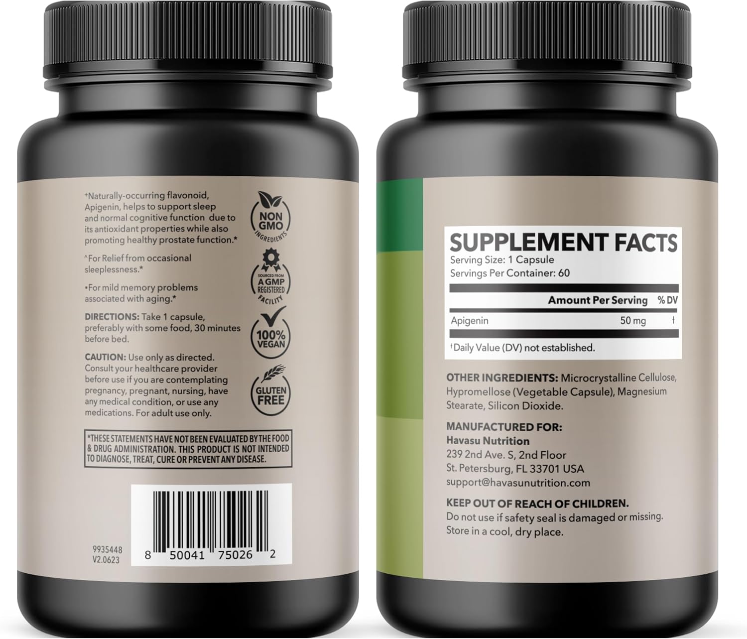 Apigenin Capsules 50mg, 60 Count, Sleep & Cognitive Support Supplement | Melatonin-Free Sleep Support, Chamomile Flavonoid for Relaxation & Cognitive Function, Vegan, Non-GMO, 2-Month Supply