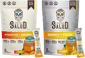 Salud 2-Pack | 2-in-1 Hydration + Immunity (Mango) & Energy + Focus (Pineapple Mango) – 15 Servings Each, Agua Fresca Drink Mix, Non-GMO, Gluten Free, Vegan, Low Calorie, 1g of Sugar