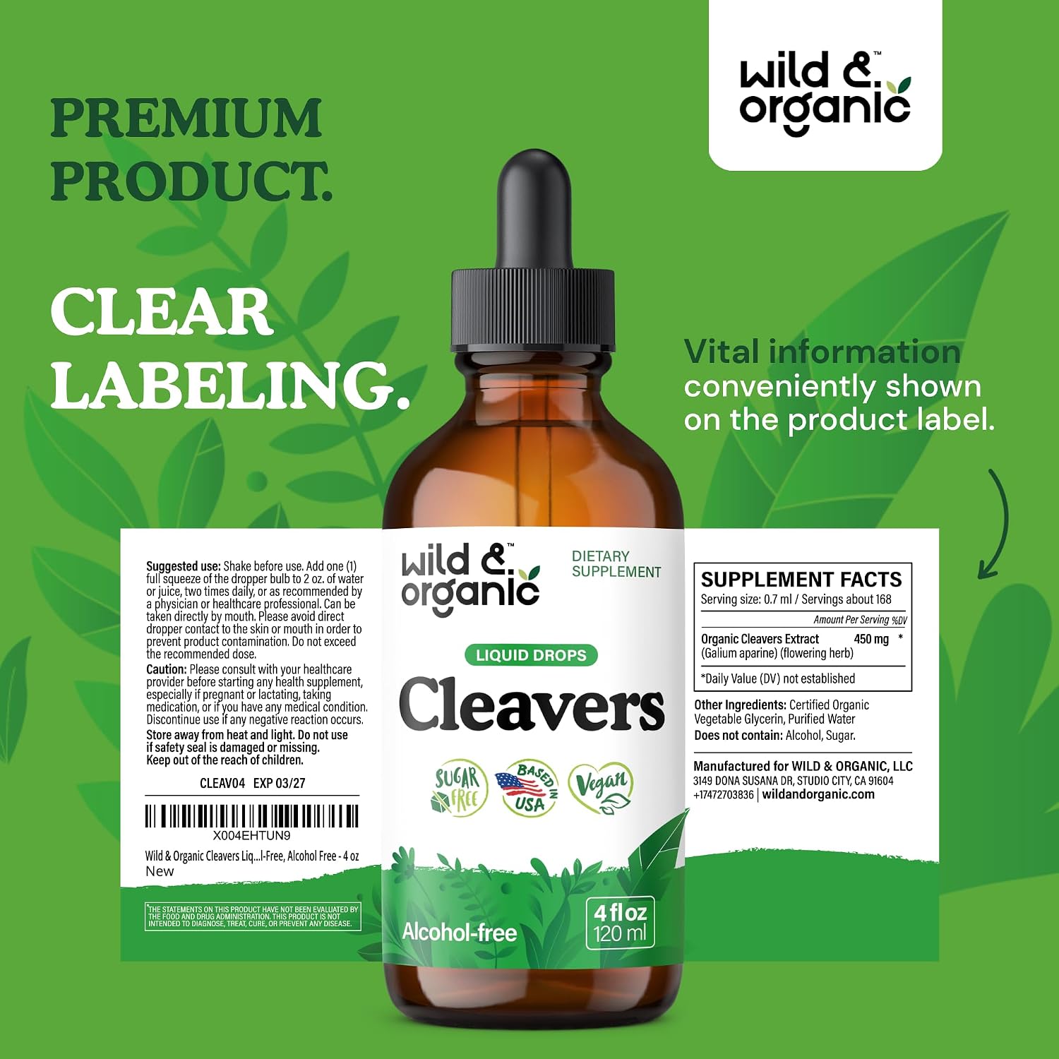 Wild & Organic Cleavers Lymphatic Drainage Drops - Cleavers Herb for Natural Detox Support - Add to Tea Tincture - Galium Aparine Leaf Extract Supplement - Vegan, Sugar & Alcohol-Free - 4 fl oz