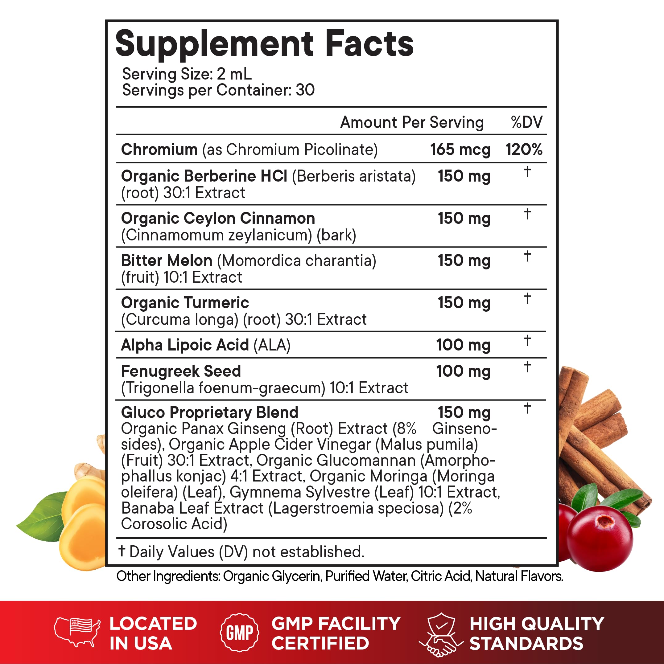 Berberine with Ceylon Cinnamon Supplement Liquid Drops + Bitter Melon Extract, Glucomannan, Gymnema, Chromium, Turmeric, Organic Panax Ginseng, Moringa 4oz