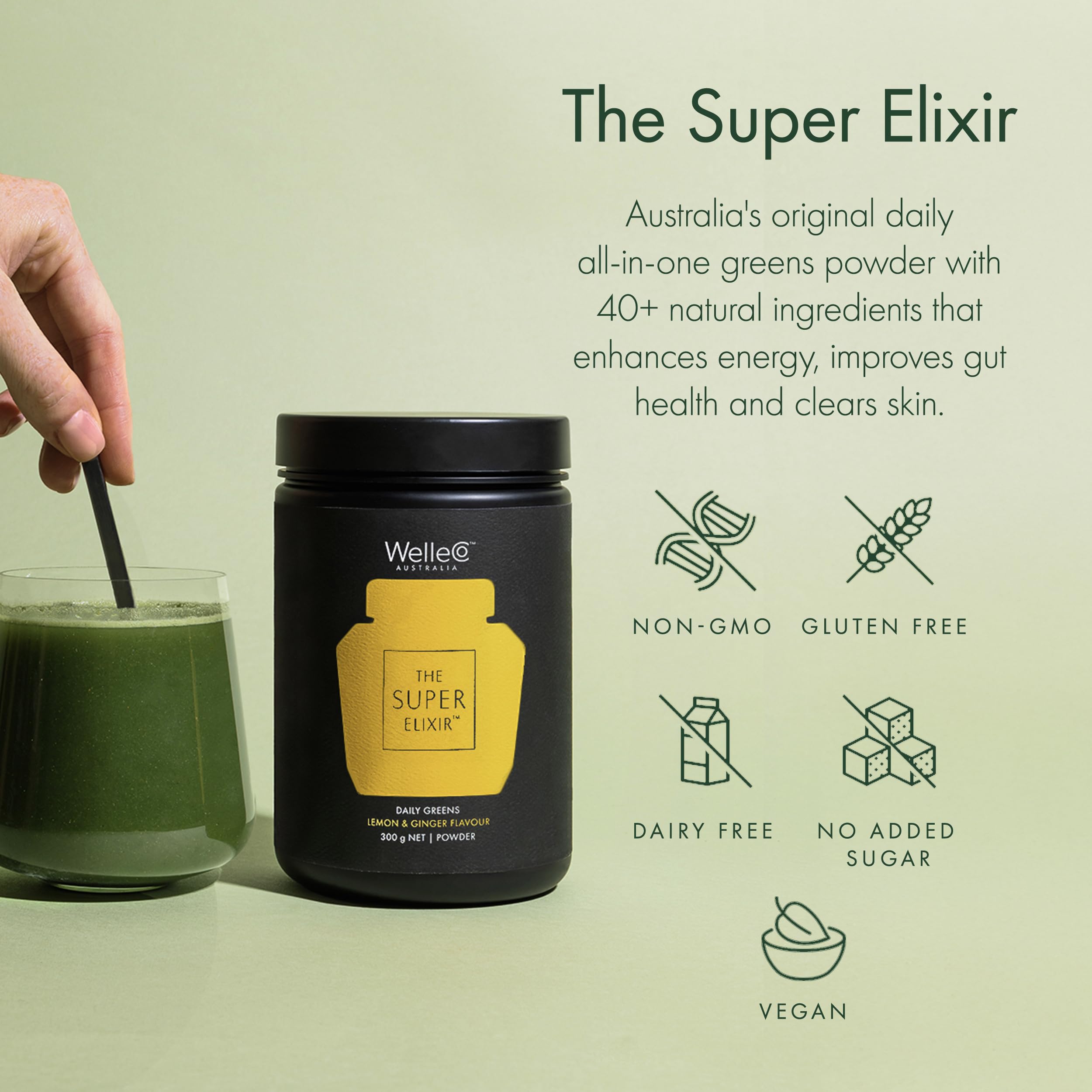 WelleCo The Super Elixir Daily Greens Powder, Probiotic Drink Mix with Whole Foods, Gluten Free, Vegan Gut Health Powder, Energy, Immunity, Healthy Skin, Hair & Nails (300g, Lemon Ginger) WelleCoBuy Supplements Australia