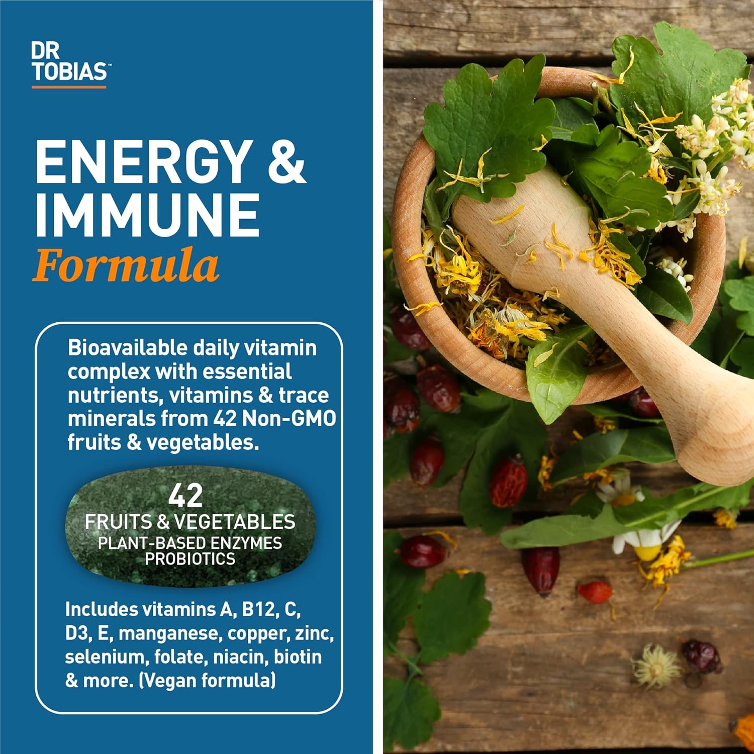 Dr. Tobias Adult Multivitamin for Women & Men 90 Count | Daily Energy & Immune Support | Vitamin Supplement with 42 Fruits & Vegetables + Probiotic + Enzymes | Vegan | 30 Servings