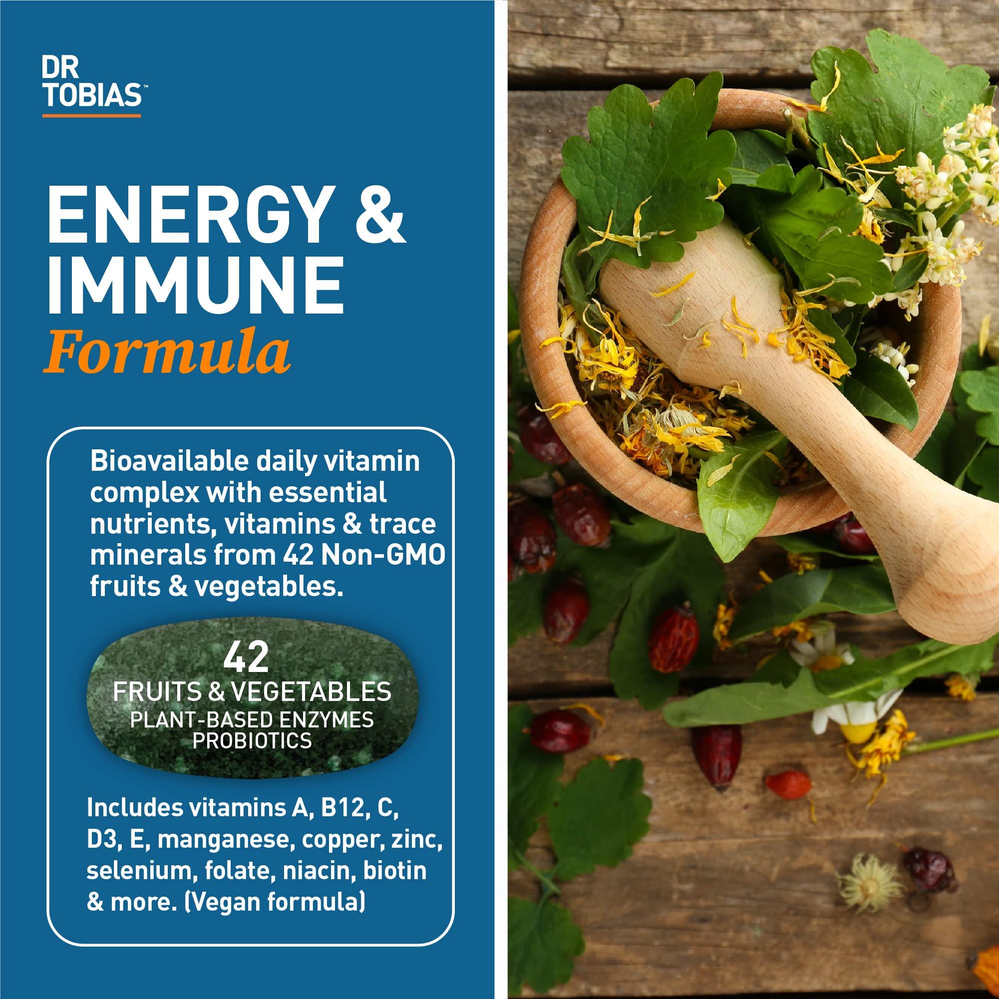Dr. Tobias Adult Multivitamin for Women & Men 90 Count | Daily Energy & Immune Support | Vitamin Supplement with 42 Fruits & Vegetables + Probiotic + Enzymes | Vegan | 30 Servings