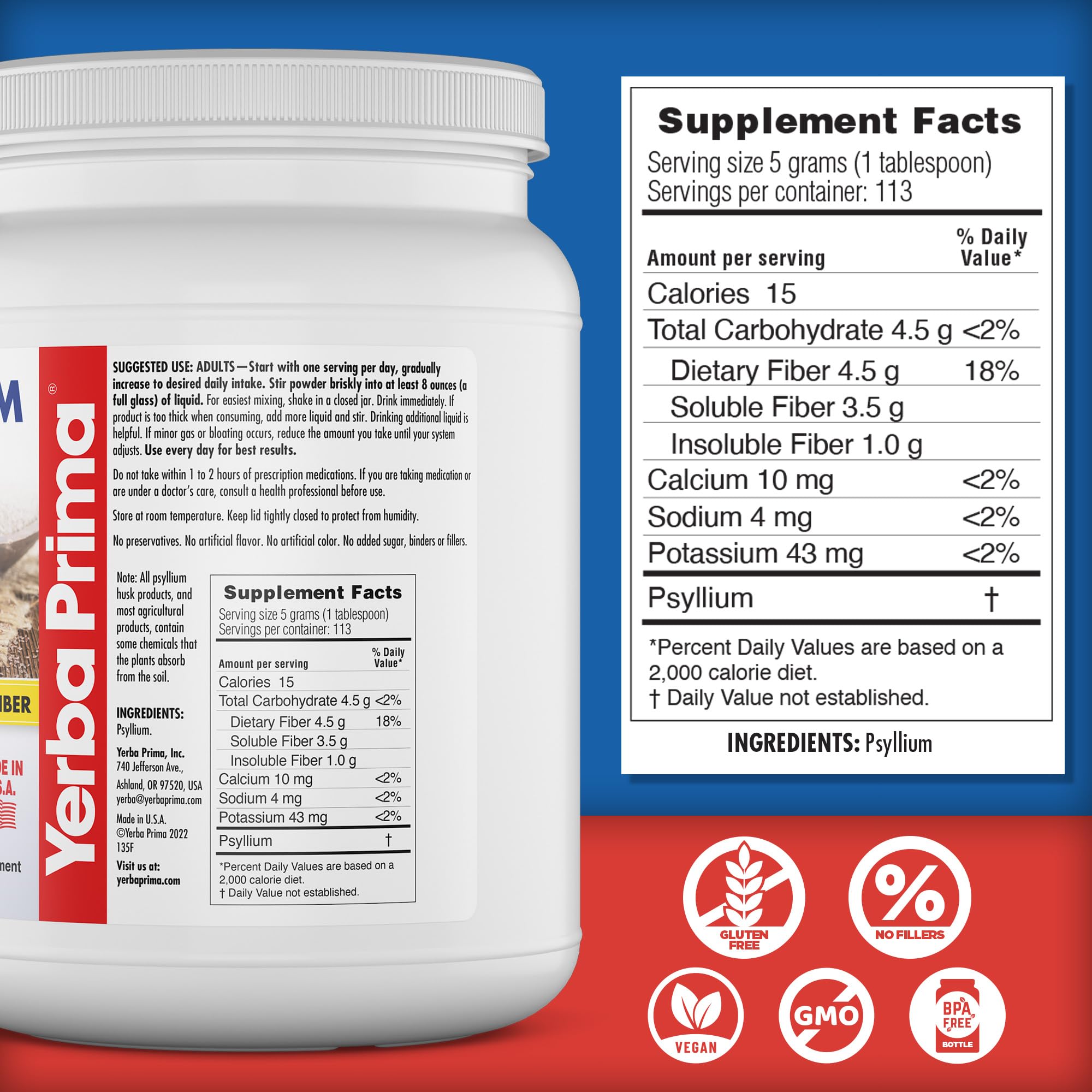 Yerba Prima Psyllium Whole Husks Fiber Supplement 20oz - Colon Cleanse - Gut Health - Vegan Non-GMO Gluten Free