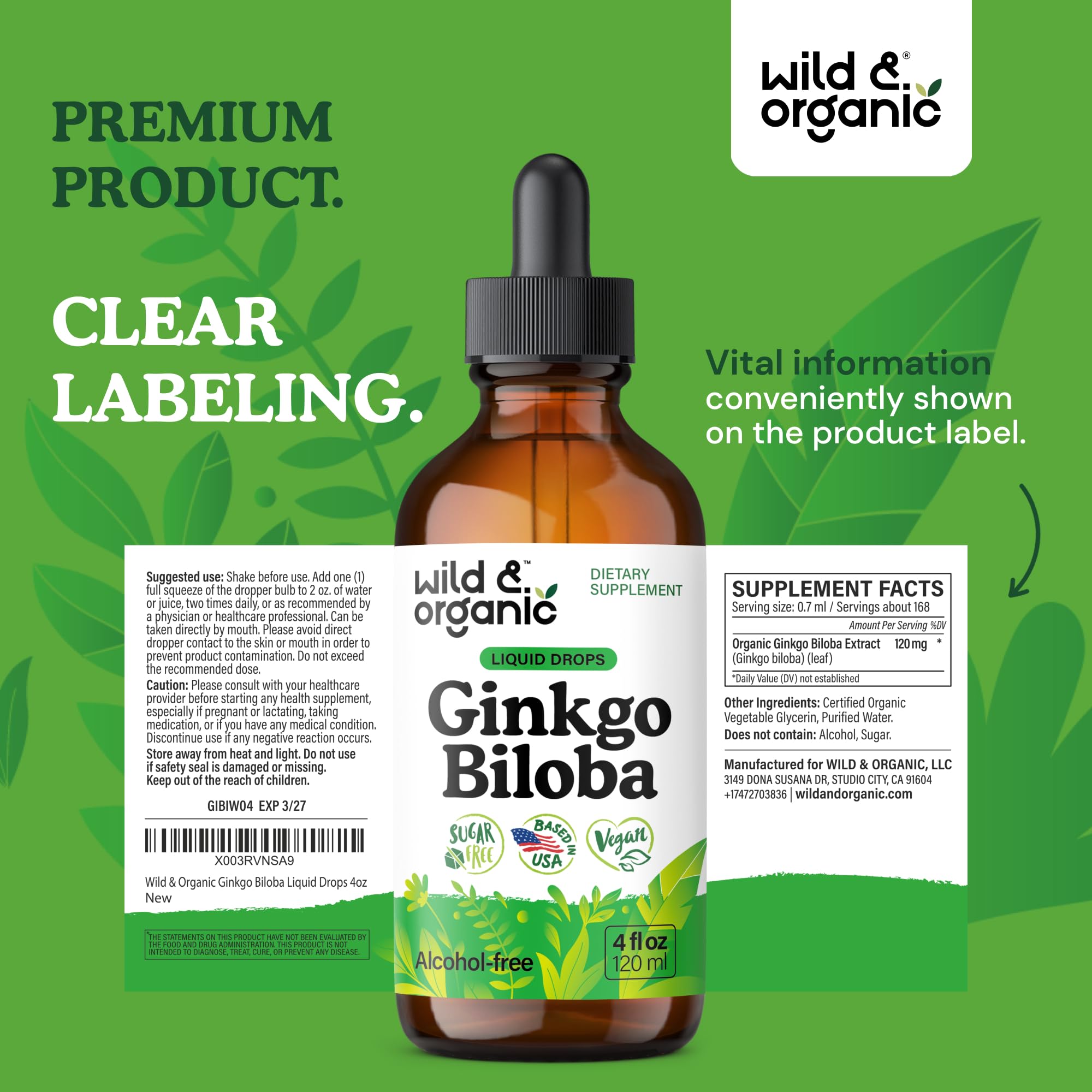 Wild & Organic Ginkgo Biloba Extract Drops - Brain & Focus Support - Liquid Ginkgo Biloba Supplements - Vegan, Sugar & Alcohol-Free Herbal Tincture - 4 fl oz