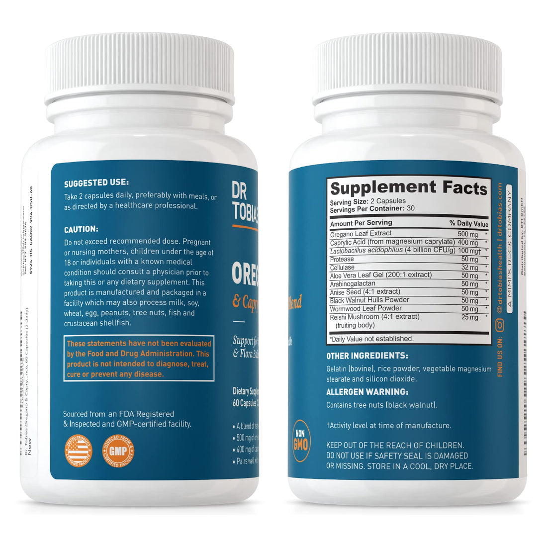 Two bottles of Dr Tobias supplements on a white background